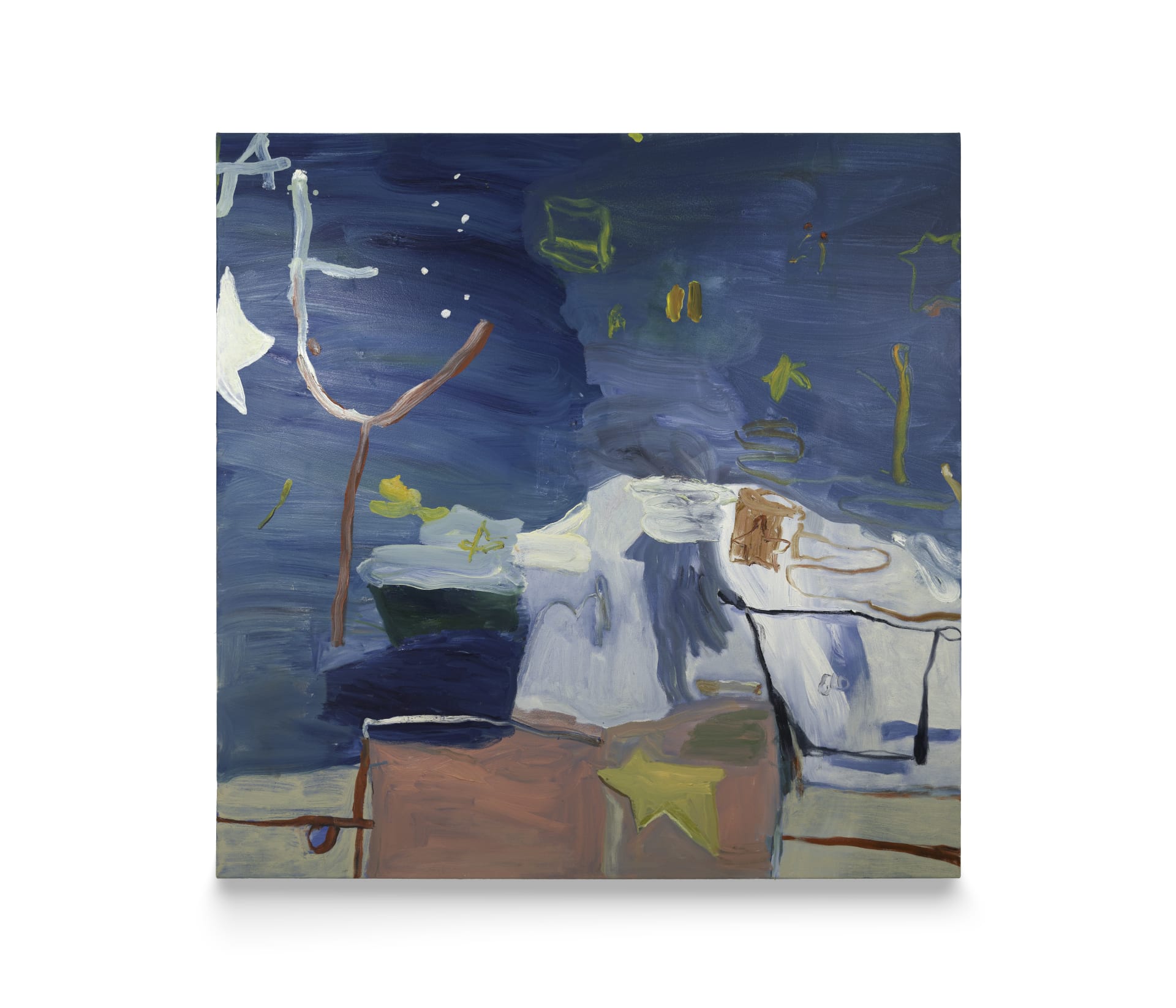 A painting by b chehayeb with various forms including gold stars against a white and blue abstract background