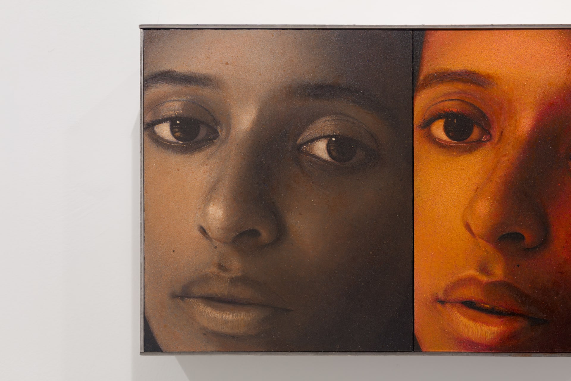 A diptych painting by Ki Yoong of two almost identical portraits of a young woman side by side