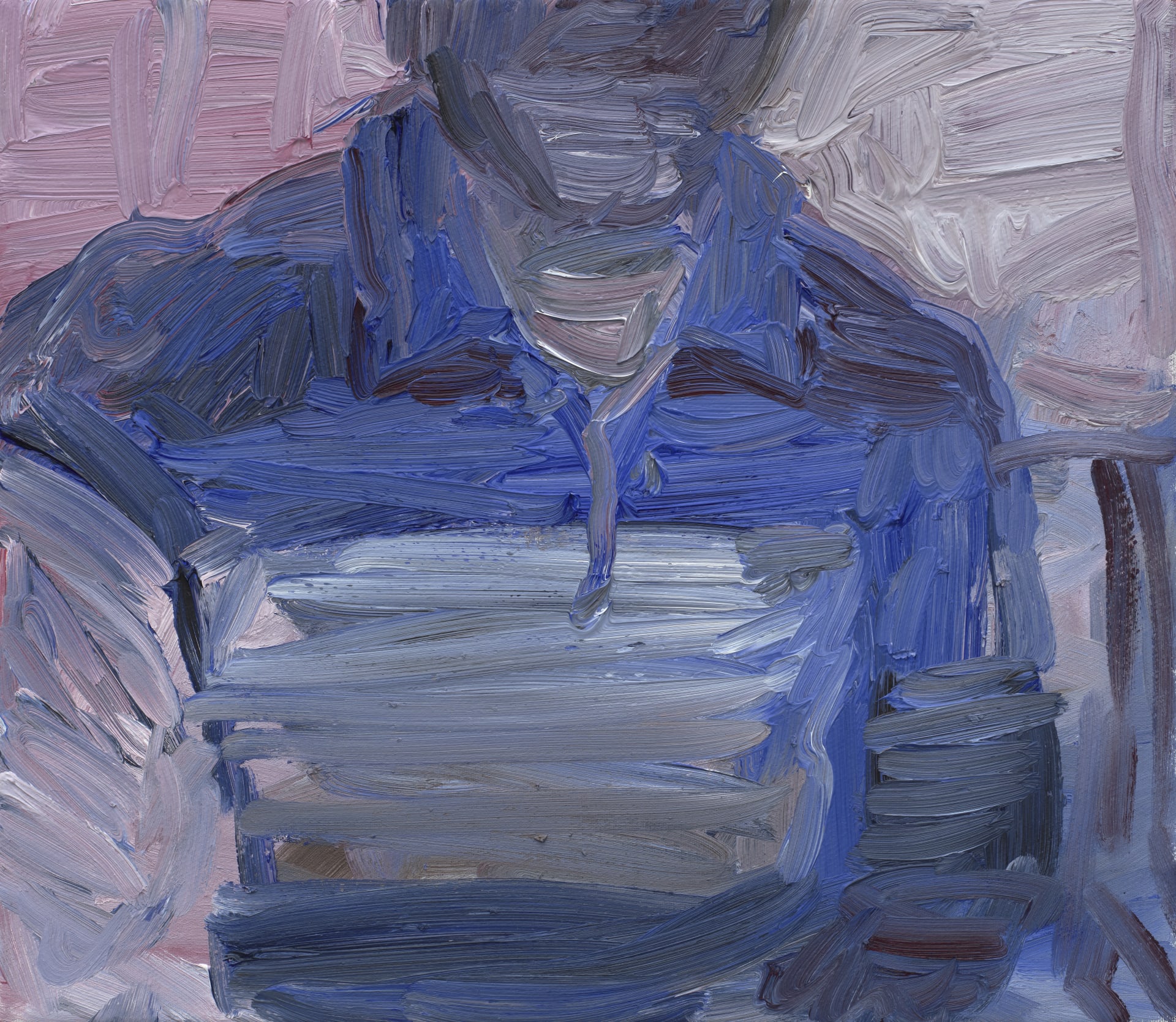 A painting by Celia Hempton of a figure's torso painted in thick brushstrokes of blue, pink, purple, and white
