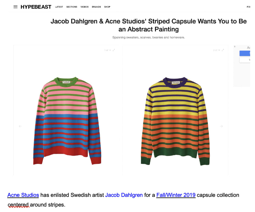 Hypebeast article cover about Jacob Dahlgren showing 2 colourful striped jumpers