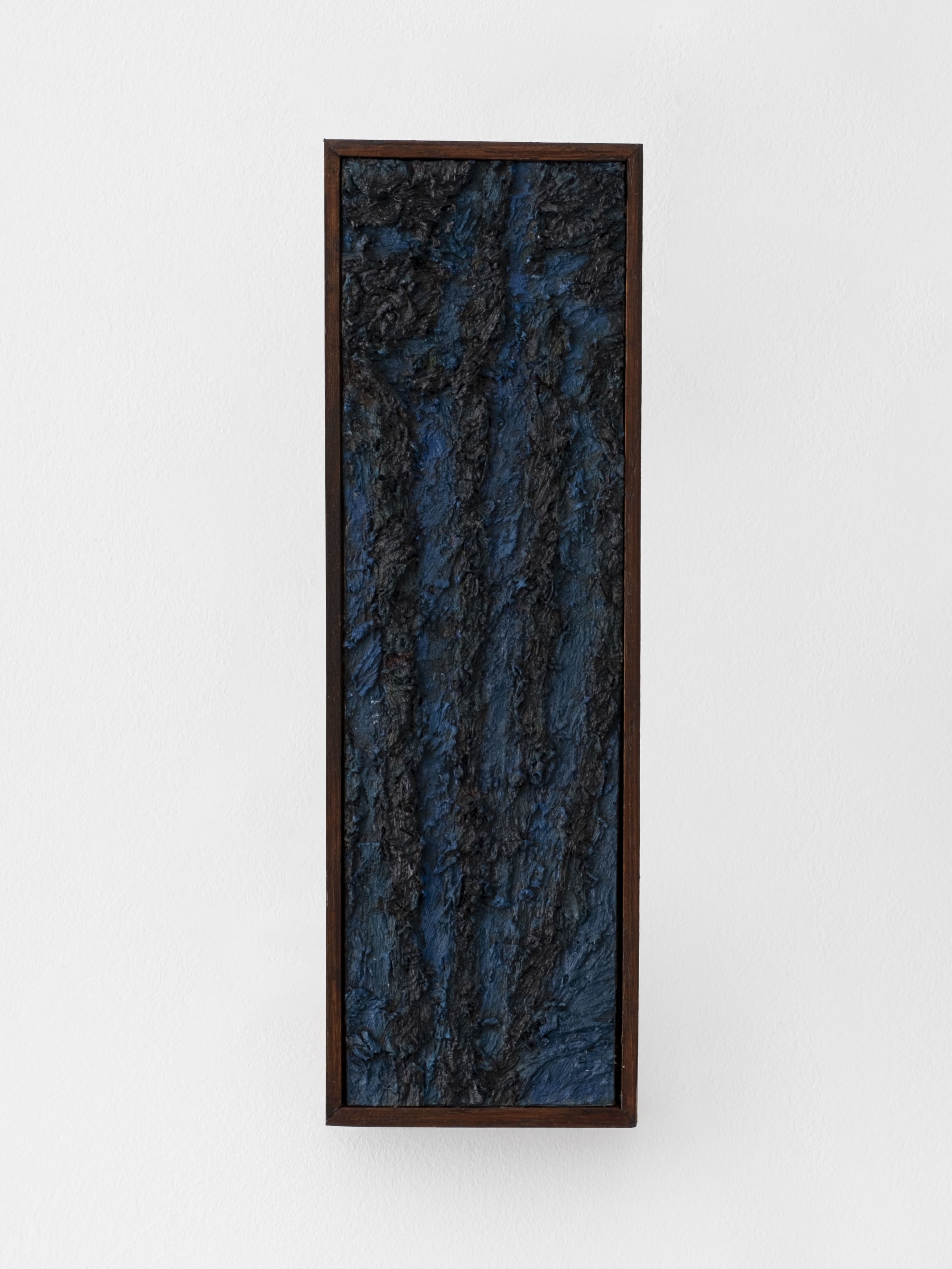 Small acrylic/oil painting by James Collins. Dark blue/black oil paint on canvas with a textural organic quality to the overall piece.