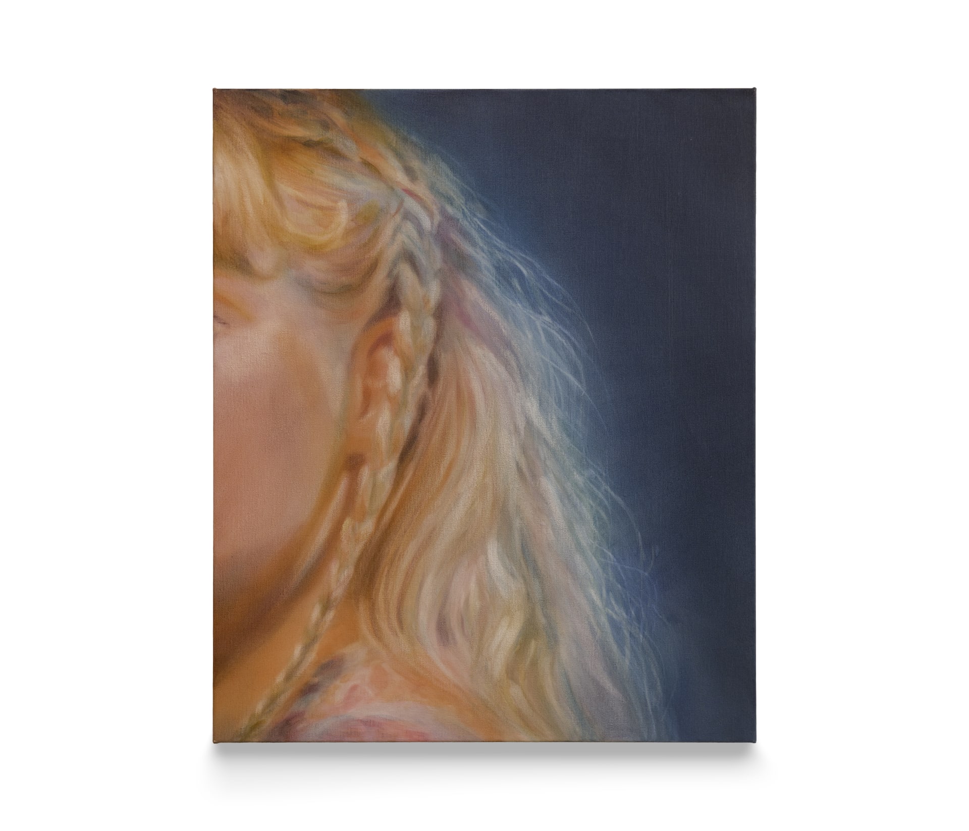 A painting by Rachel Lancaster of a blonde woman's hair braided and backlit 