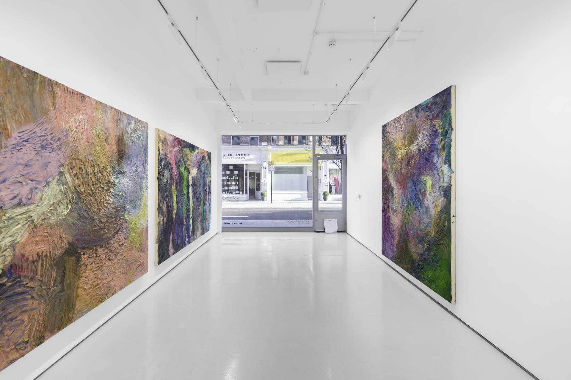 An installation view of James Cabaniuk's solo exhibition with two very large impasto oil paintings on the wall