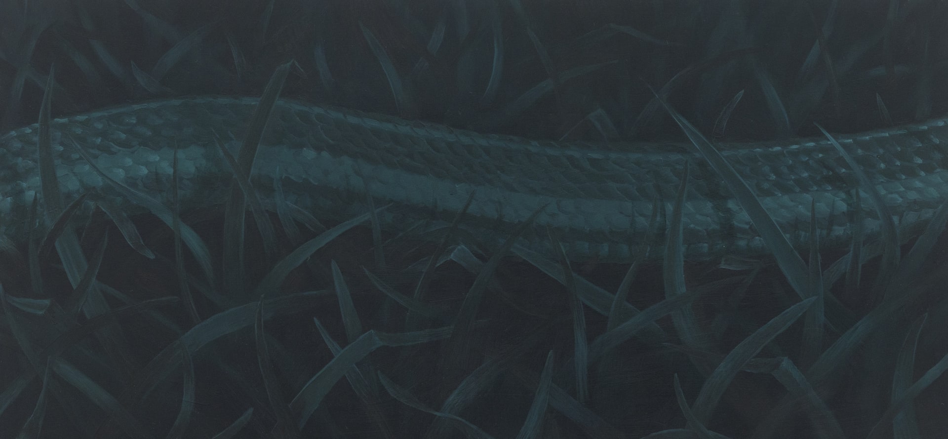 a painting in dark green of a snake in the grass by Sarah Schlesinger