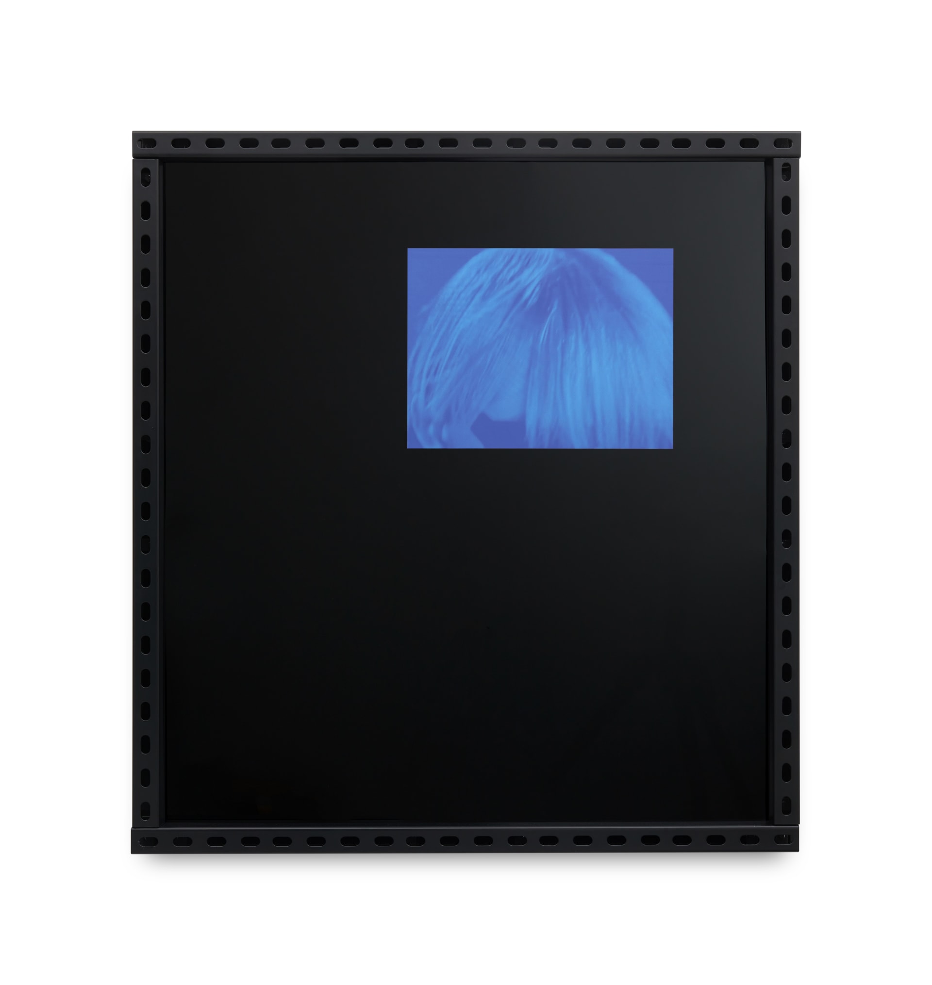 Black acrylic artwork featuring in the right-hand corner a cropped, blue-toned image of the top of a head.
