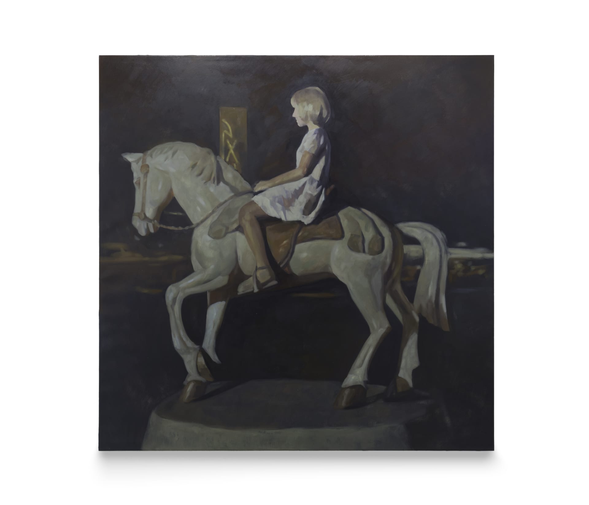 A painting by Wang Pei of a young child riding a white horse