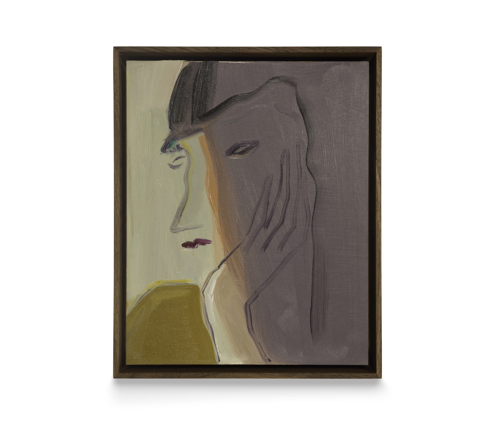 A painting by Eve Ackroyd of a figure resting her head in her hand