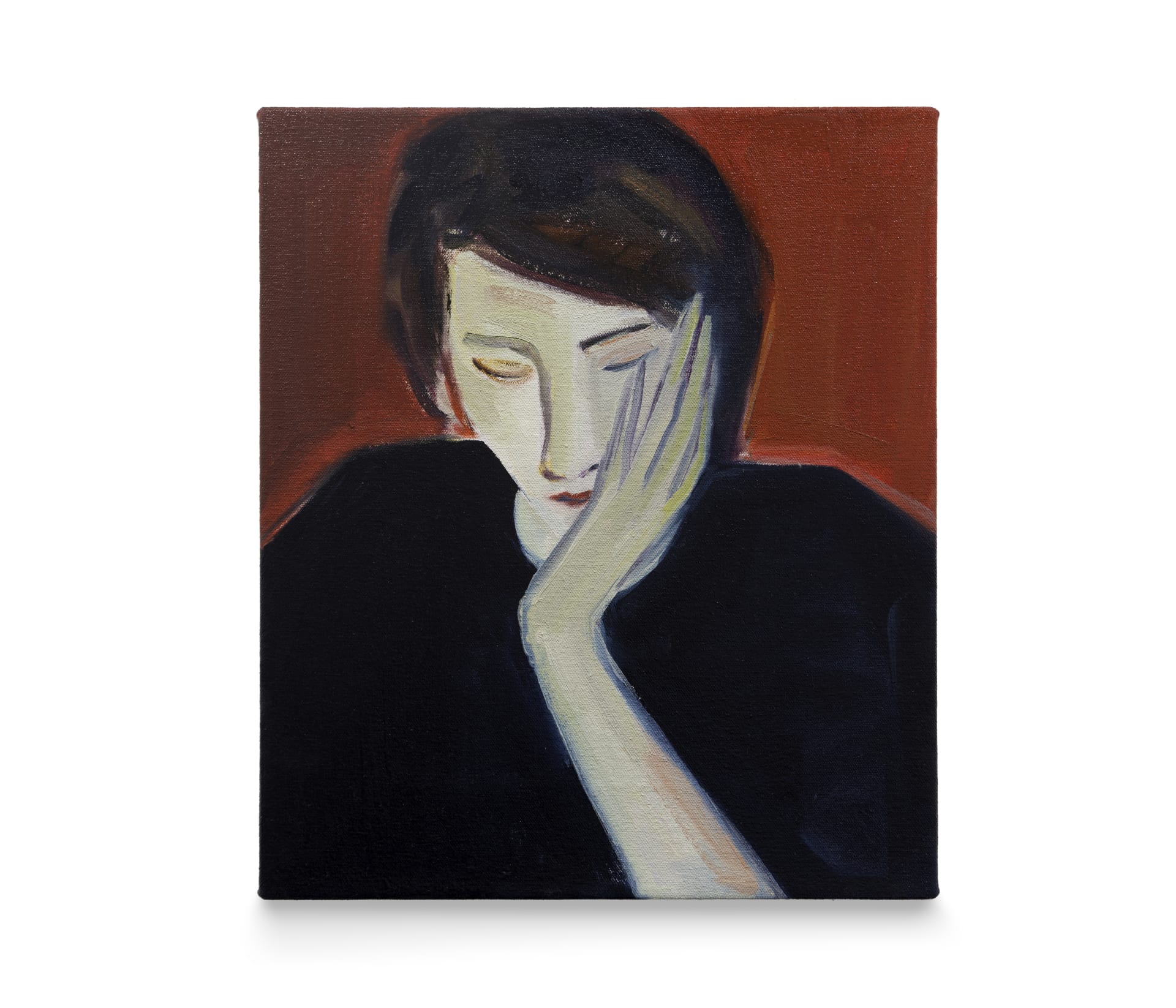 A painting by Eve Ackroyd of a young woman resting her head in her hand