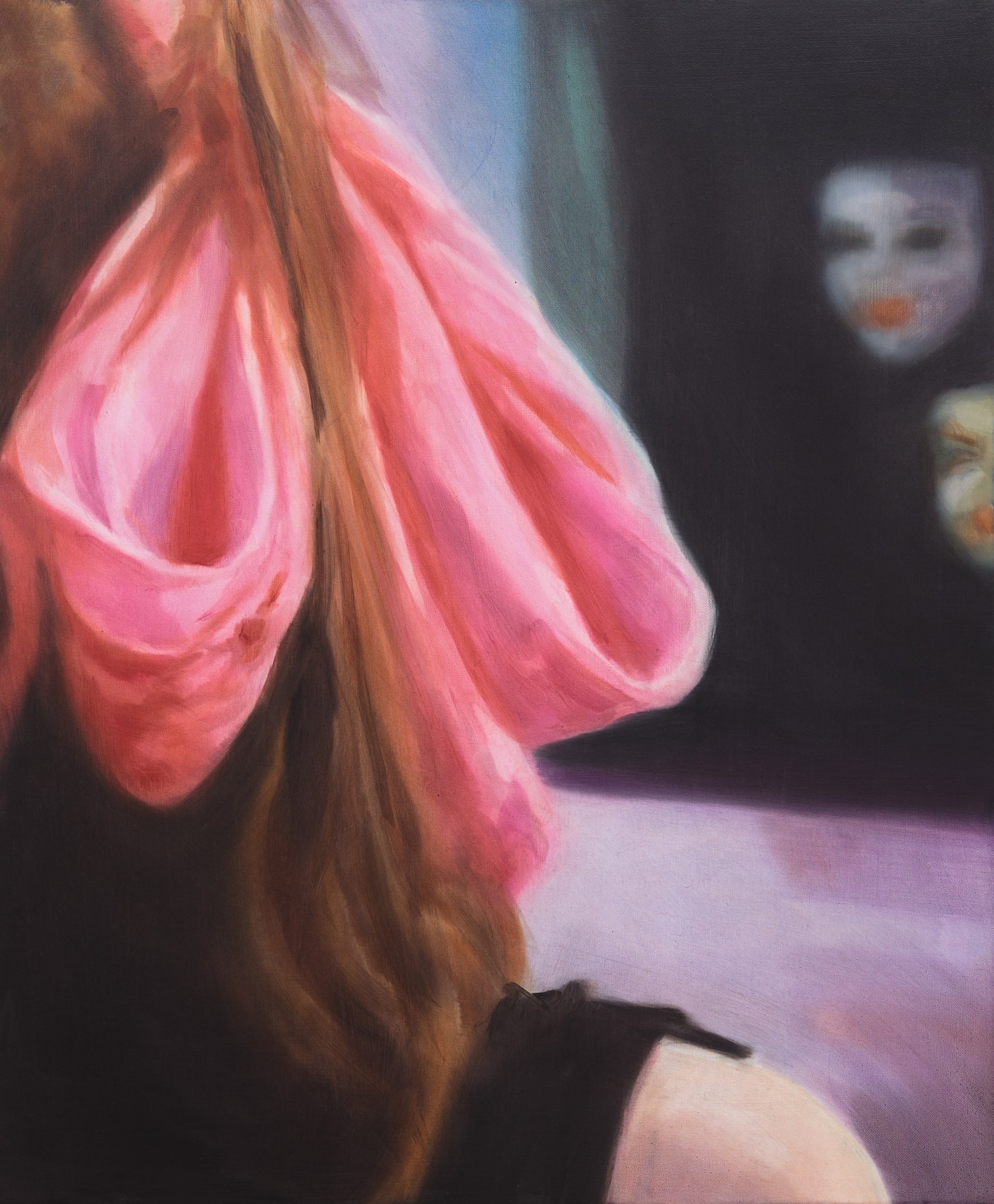 A crop of Rachel Lancaster's painting 'Pull The Strings', 2022 Oil on canvas 60 x 50 cm 23 5/8 x 19 3/4 in. A large pink bow in the hair of a female figure. We see two masks facing us. 