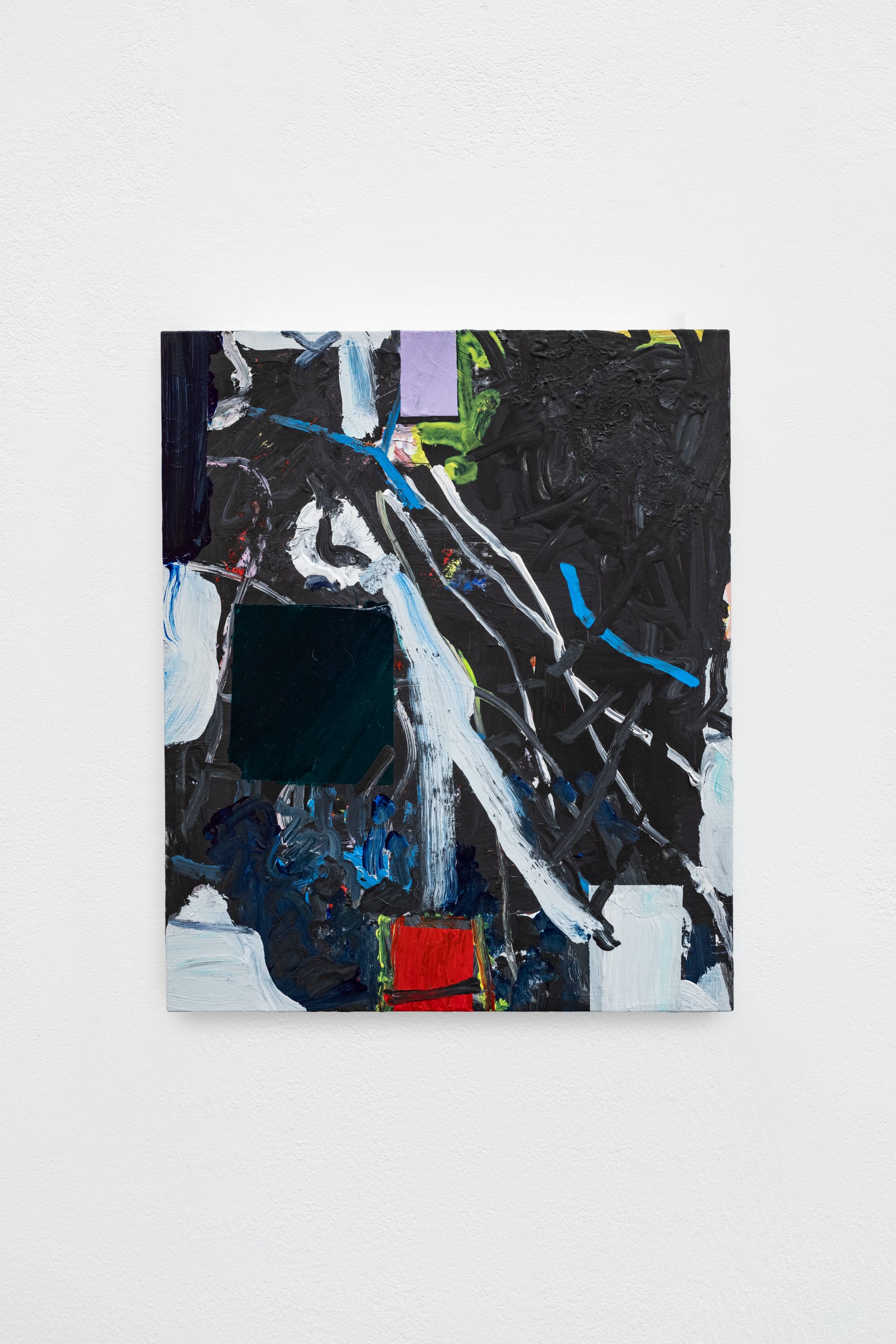 Painting by Hayley Tompkins, abstract with black, blue, white and red shapes