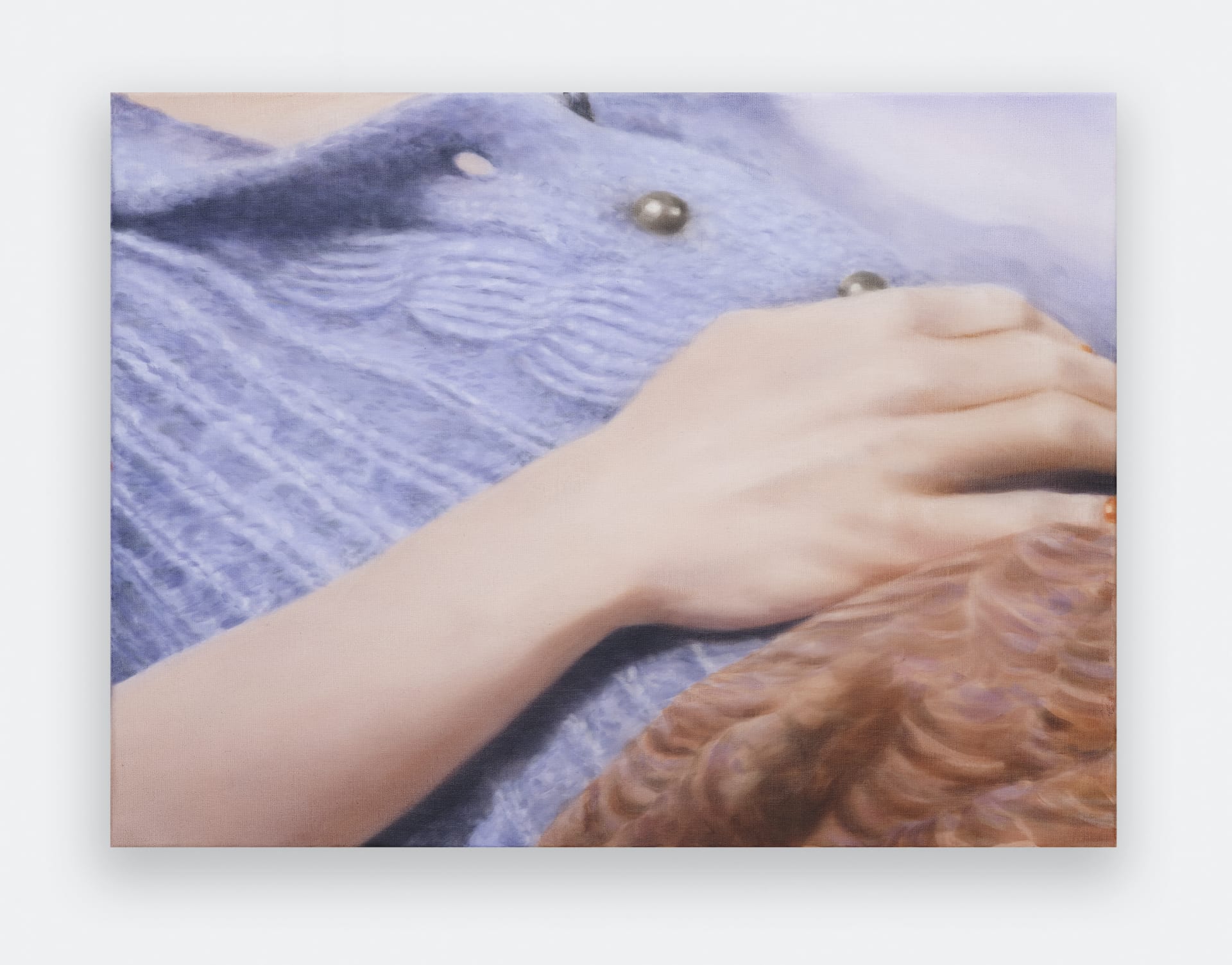 A painting by Rachel Lancaster of a blue knitted jumper with a hand draped over