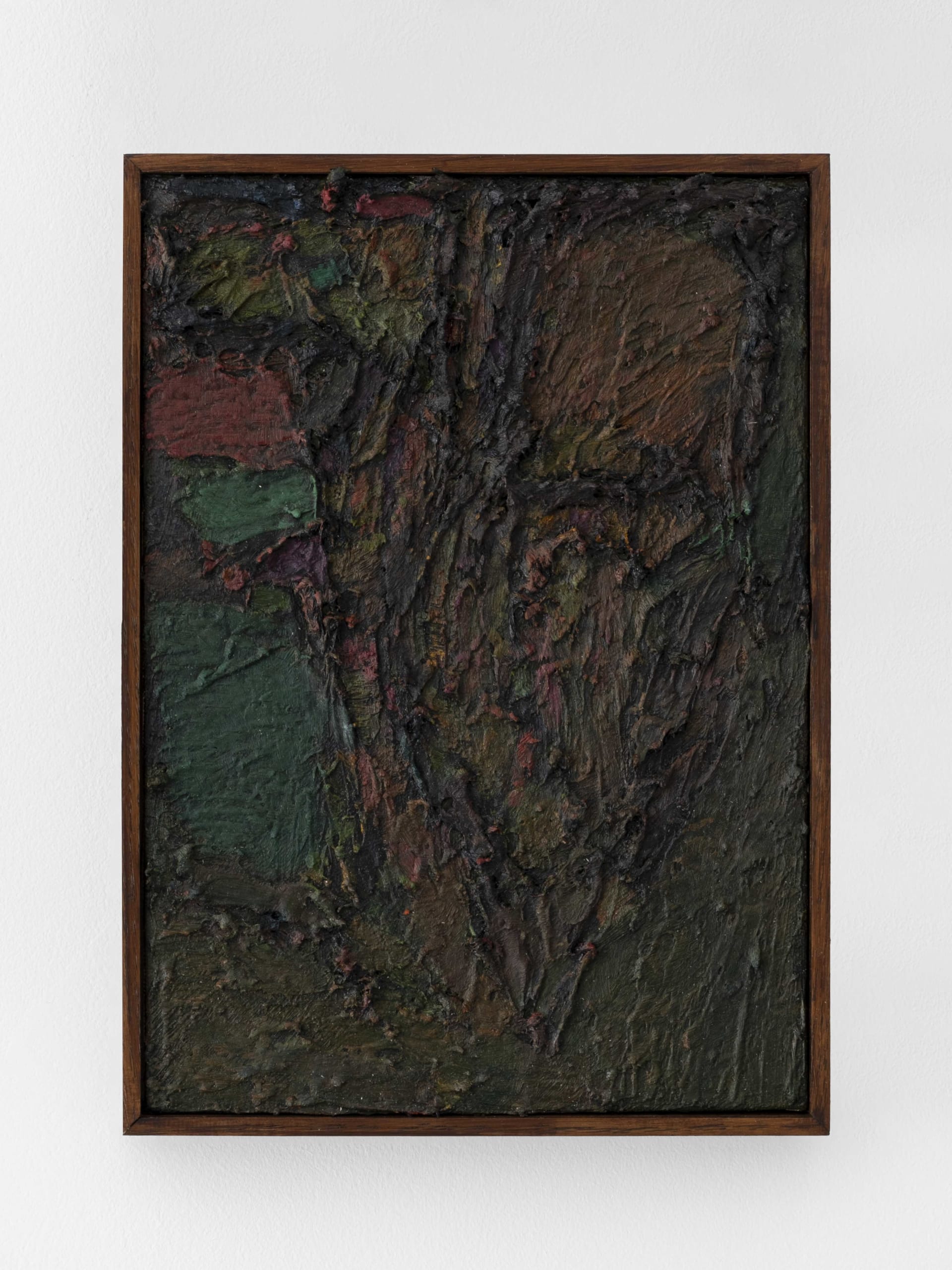 A dark green, red and brown thick impasto painting by James Collins in a dark wood frame