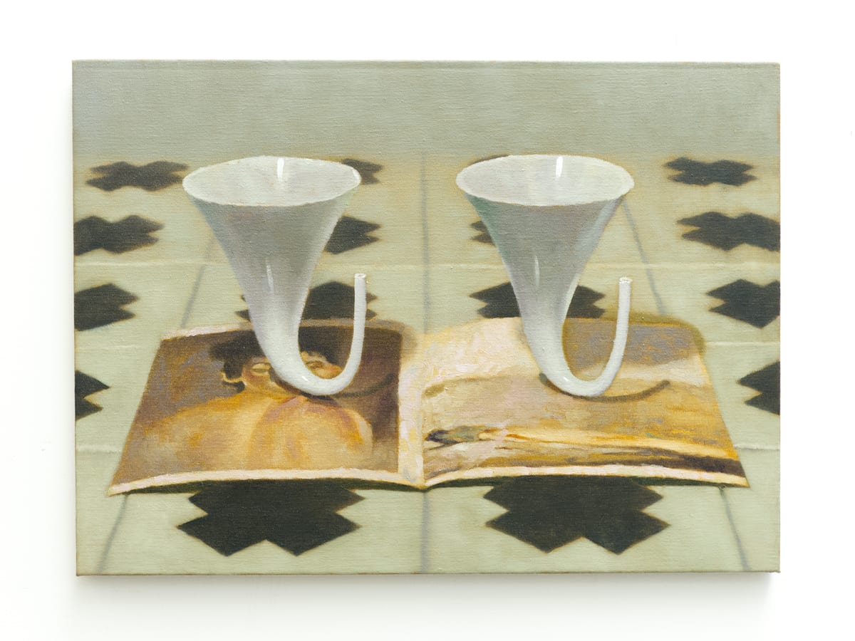 A painting by Robin Megannity of two white horns standing upright on an open book resting on black and white cross tiles