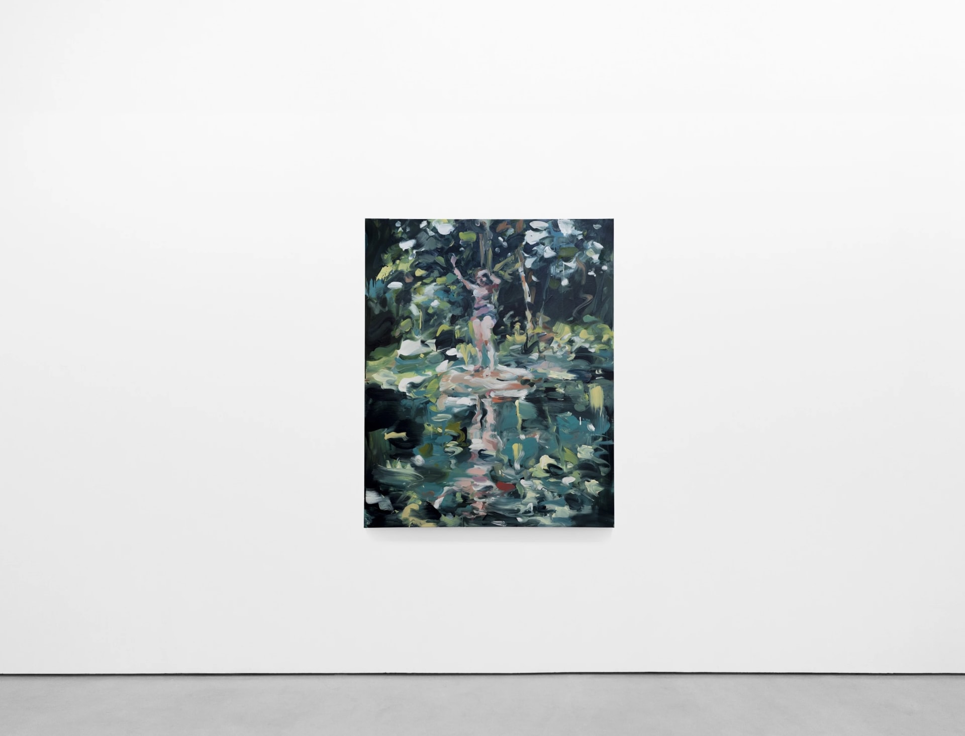 A painting by Laura Lancaster of a woman in a lush green landscape waving towards the viewer