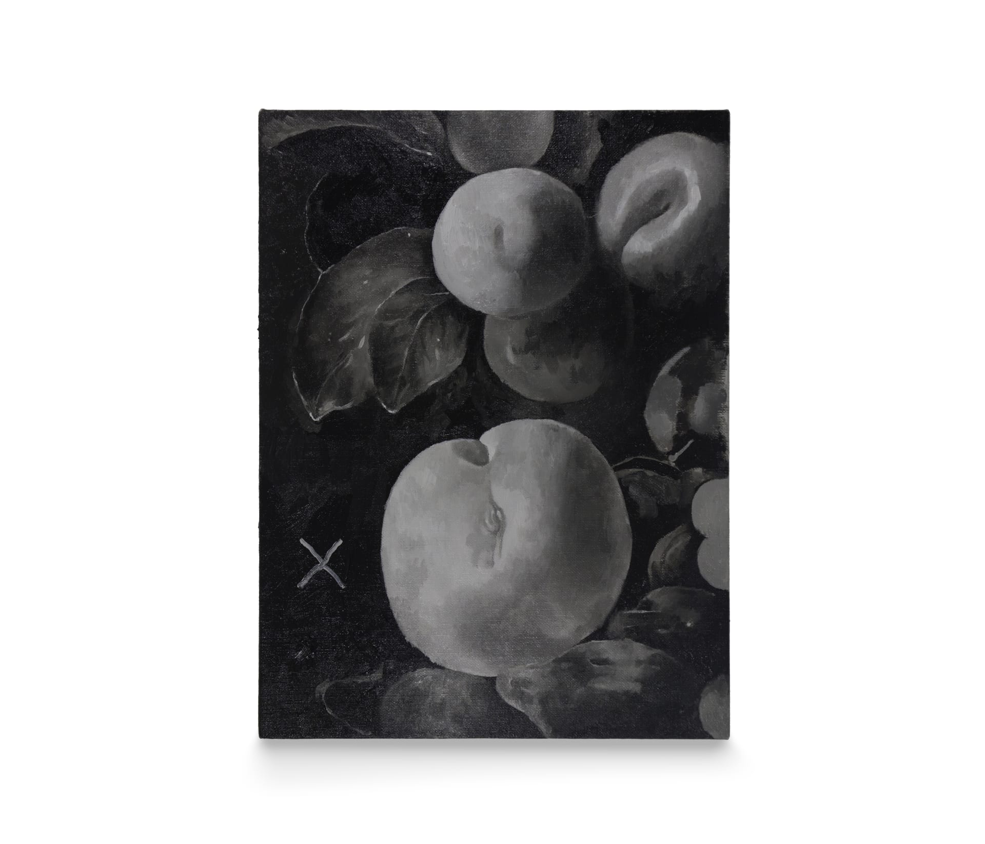 a monochrome painting by Robin Megannity of a still life of fruit