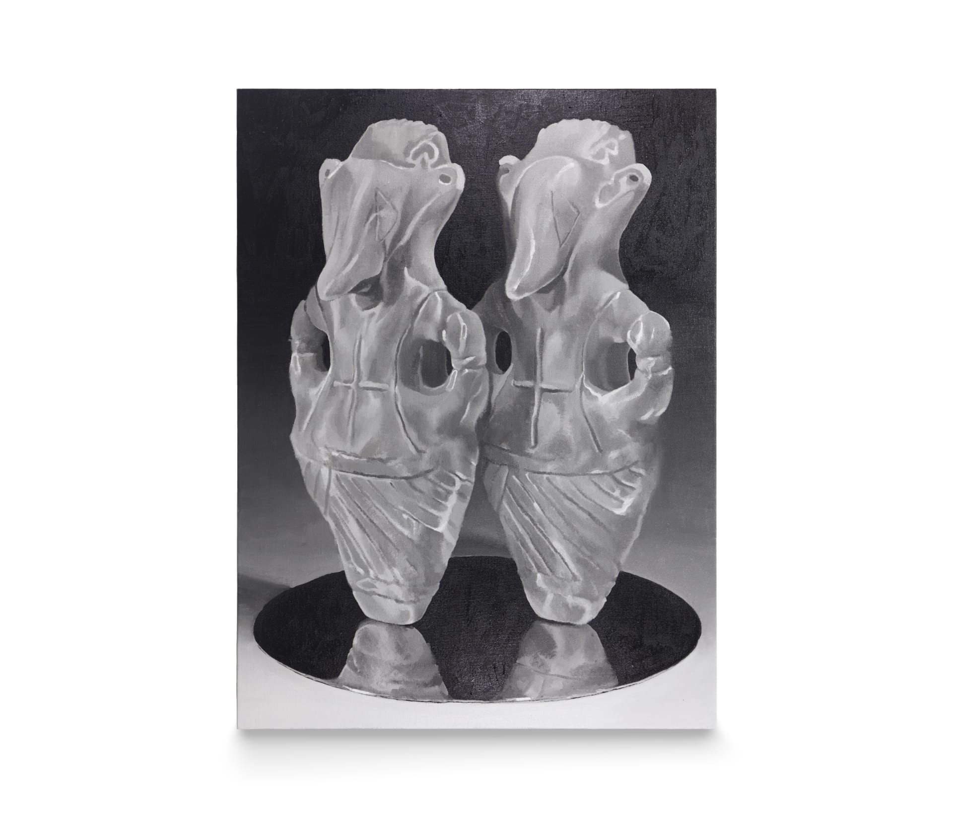 a painting by Robin Megannity of two anthropomorphic, animal like sculptures on a mirror