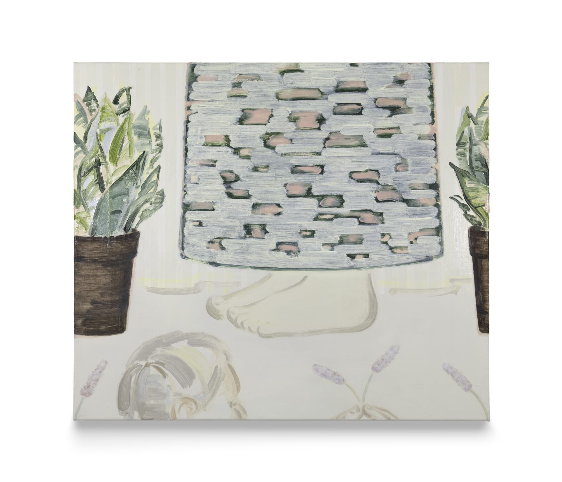 A painting by Sooim Jeong of the bottom of a patterned dress with two bare feet poking out