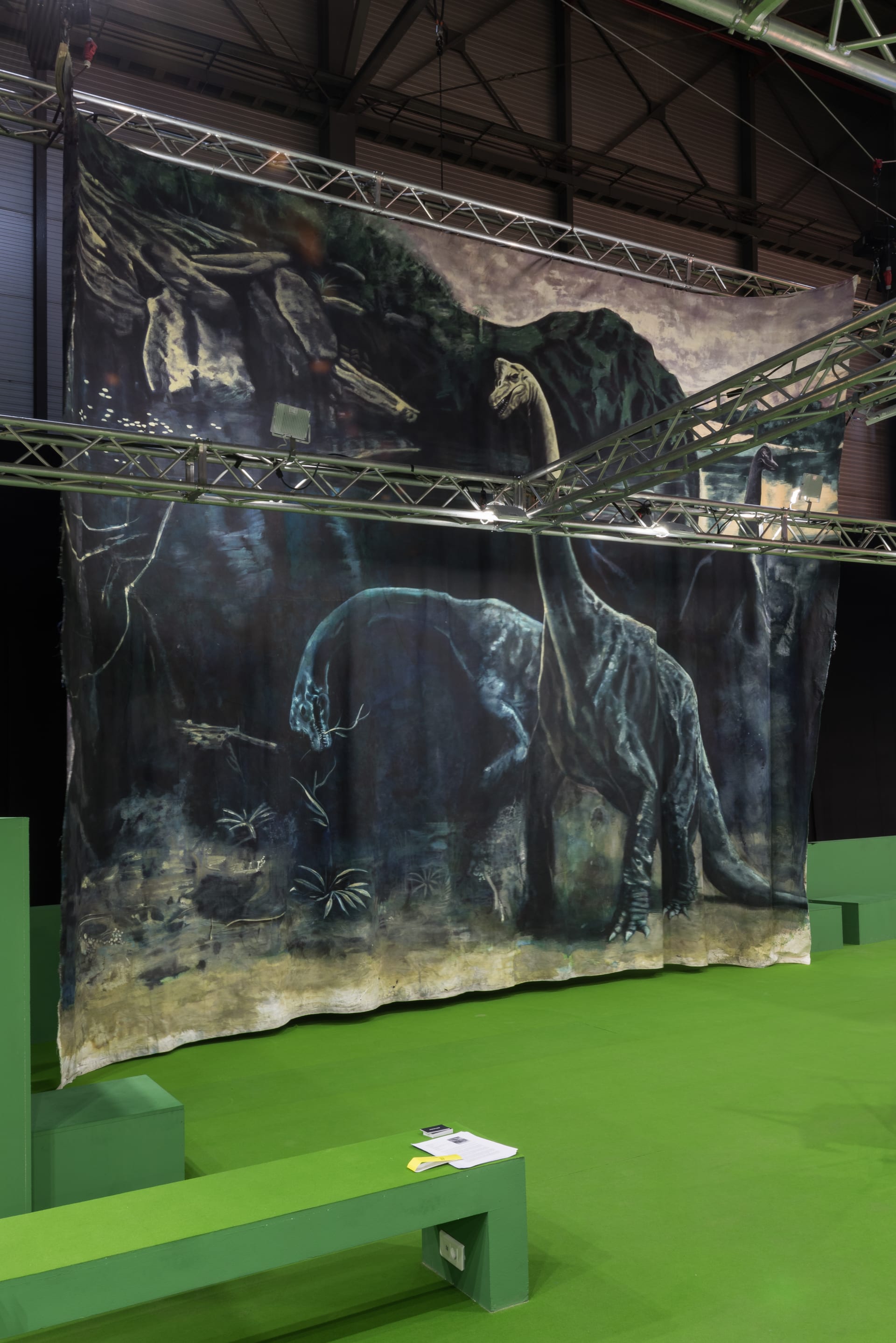 Workplace' booth at ARCO Madrid featuring a large painting on canvas of a pair of Brontosaurus dinosaurs