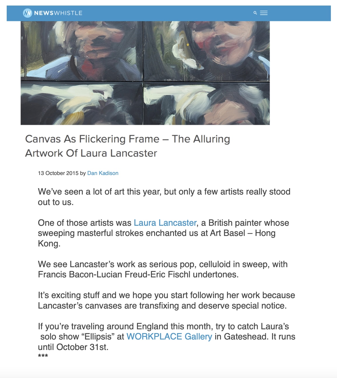 Canvas As Flickering Frame - The Alluring Artwork of Laura Lancaster Dan Kadison, NEWSWHISTLE October 13, 2015