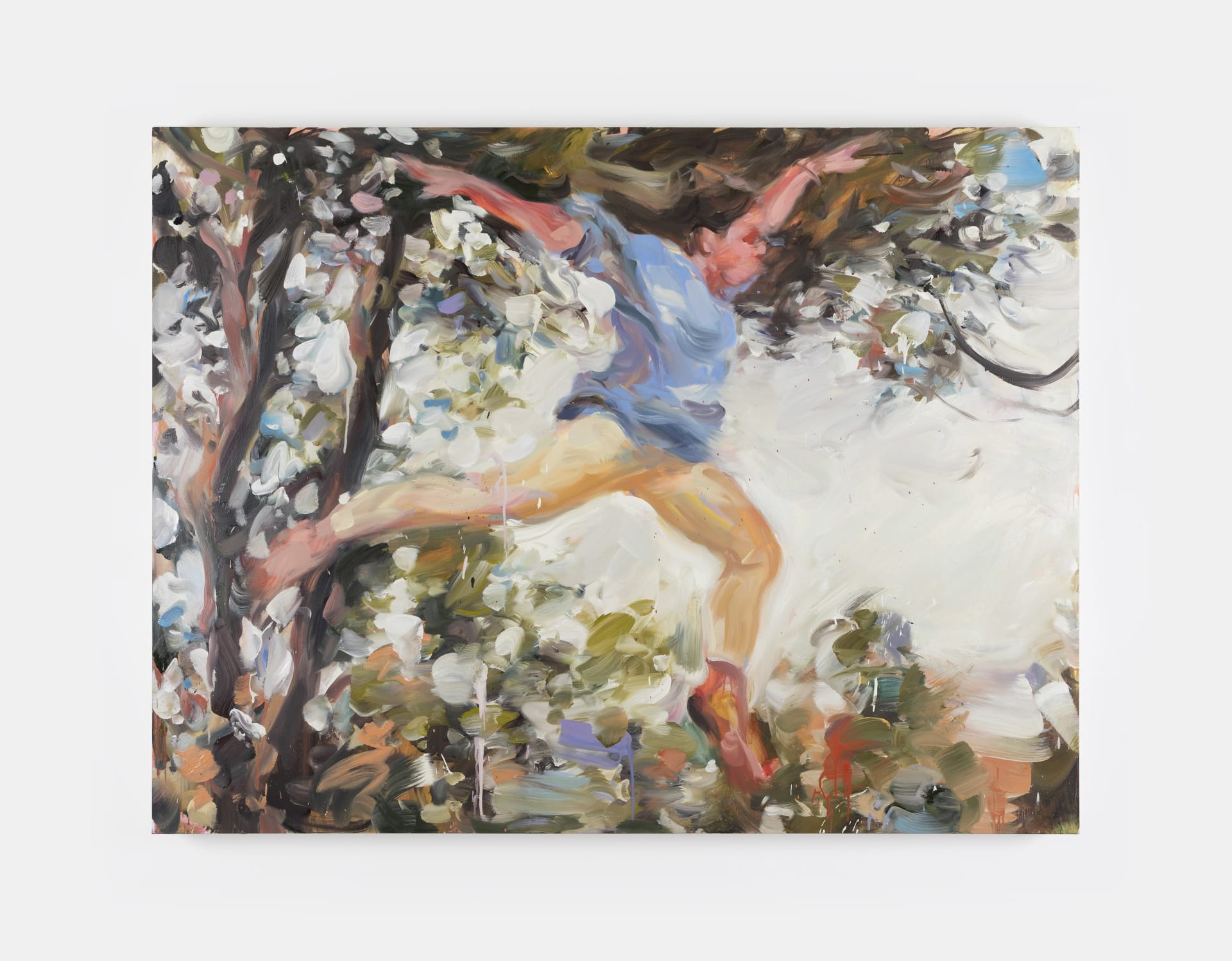 A painting by Laura Lancaster of a figure jumping out of a tree