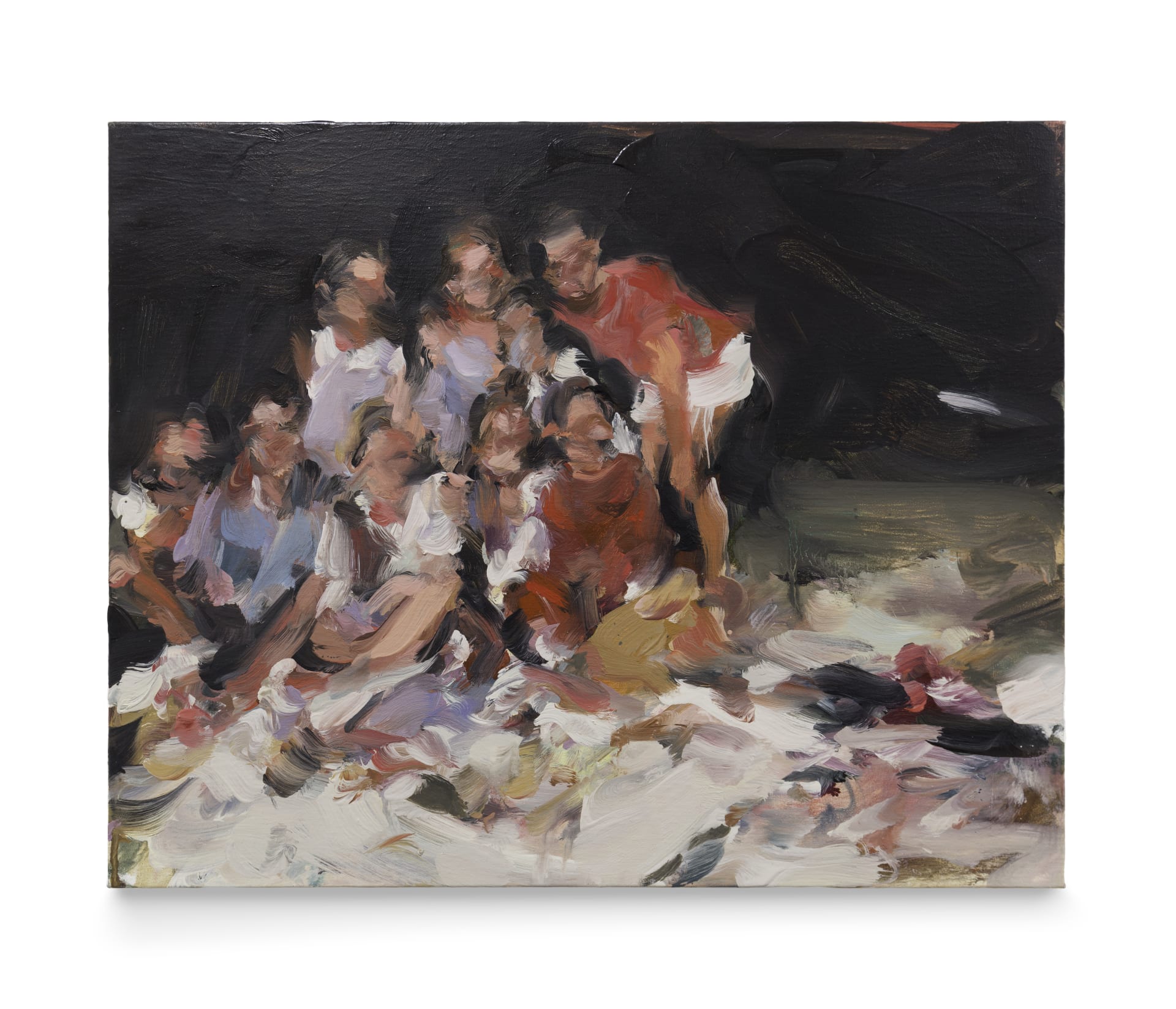 'Tell It Tonight' a painting by Laura Lancaster of a group of people posing for a photograph at night