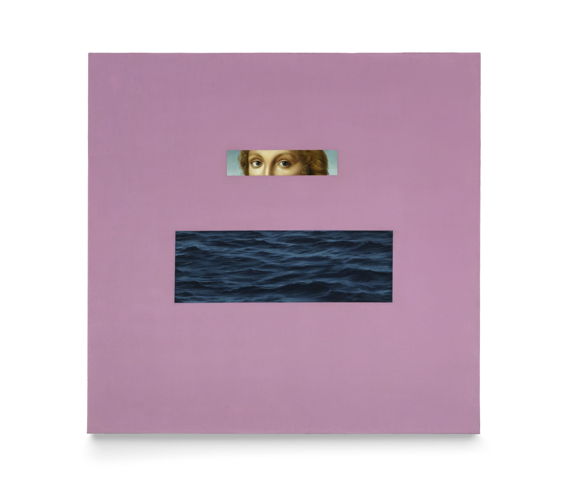 A painting by Meredith Sellers of a pair of cropped women's eyes and a cropped area of the sea