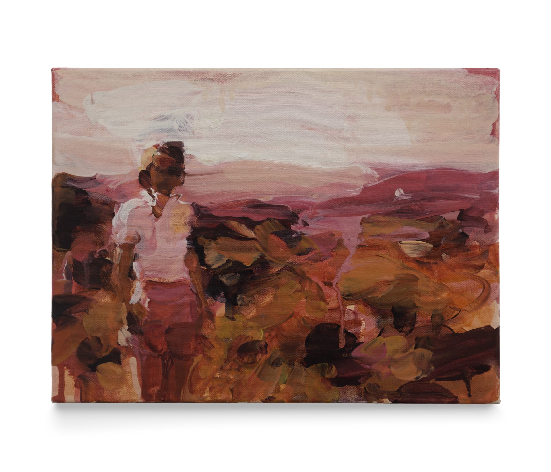 A painting by Laura Lancaster in pink and orange of a figure in a landscape