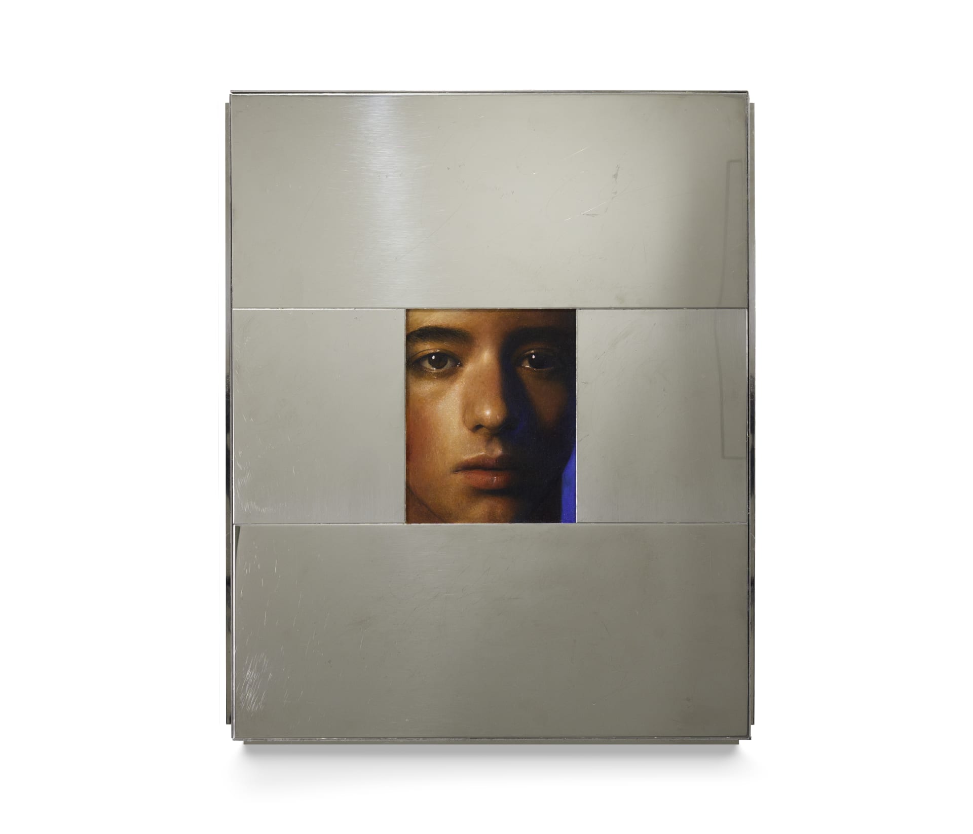 A painting of a boy by Ki Yoong, surrounded by mirror finish steel