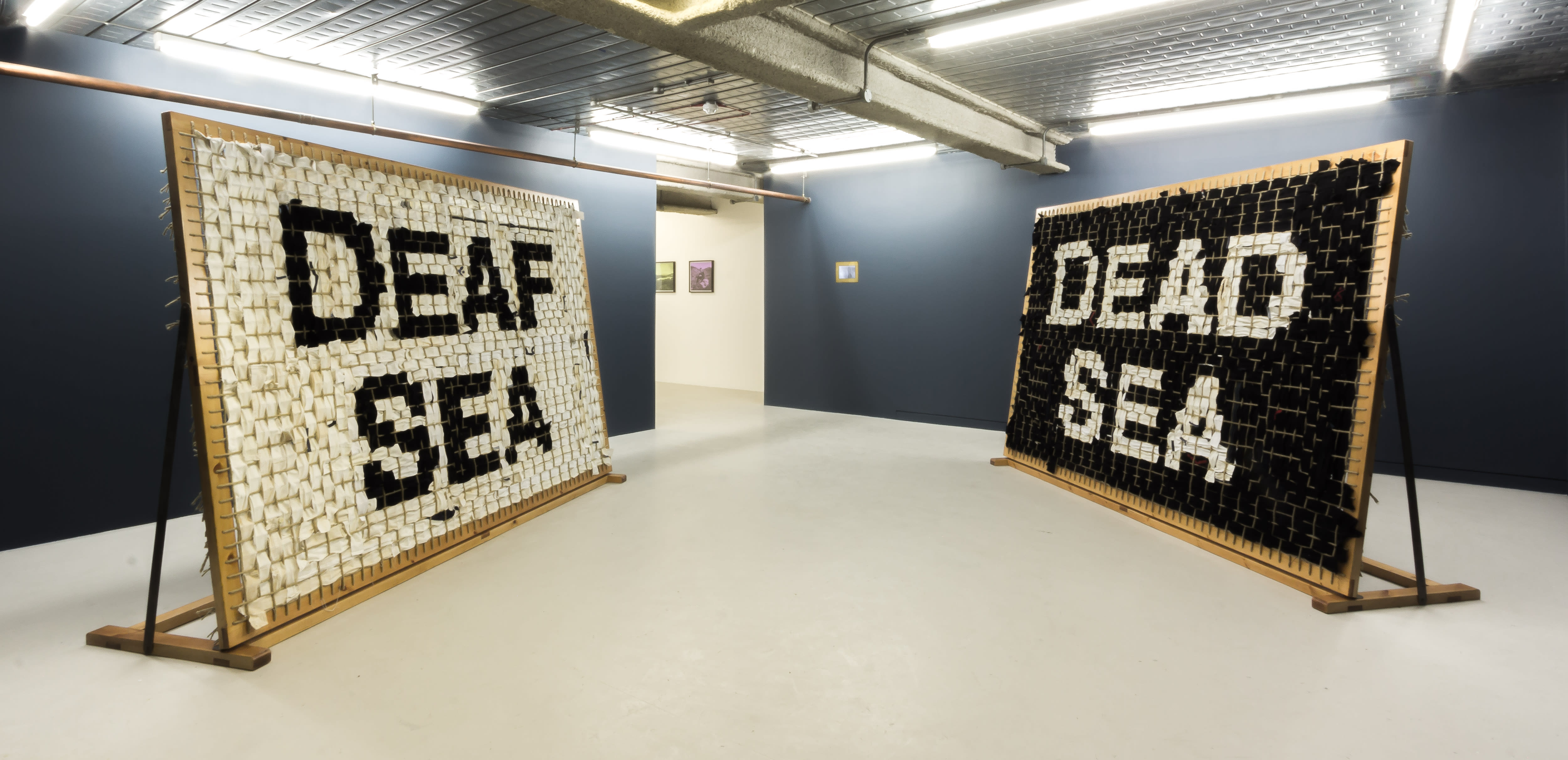 Installation photographs of Matt Stokes' exhibition "Dead Sea Deaf Sea" at Workplace in London in 2017