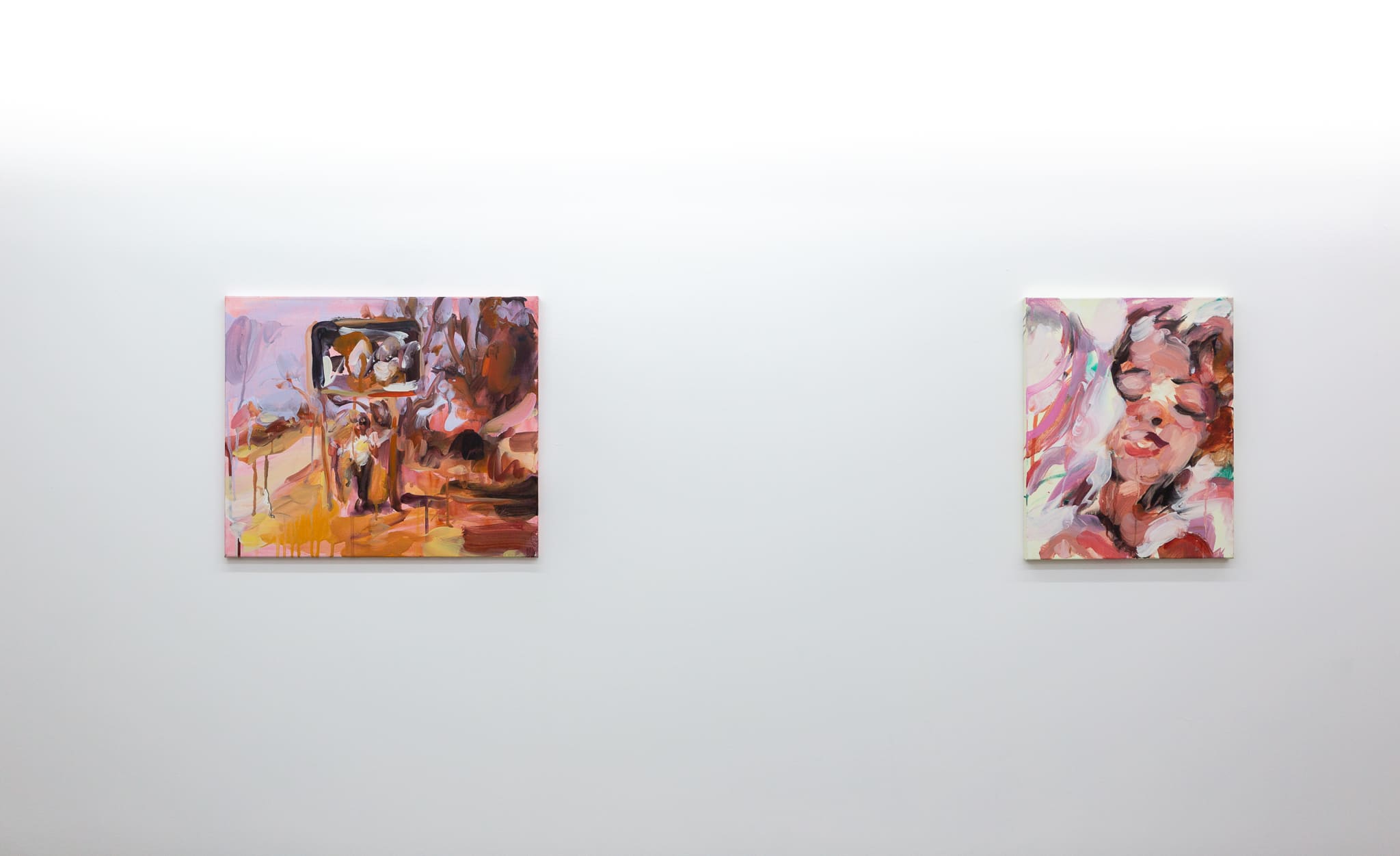 Installation shots of Laura Lancaster's solo show at Workplace London. Close up crop paintings of sleeping women and figures in landscapes, loosely painted.