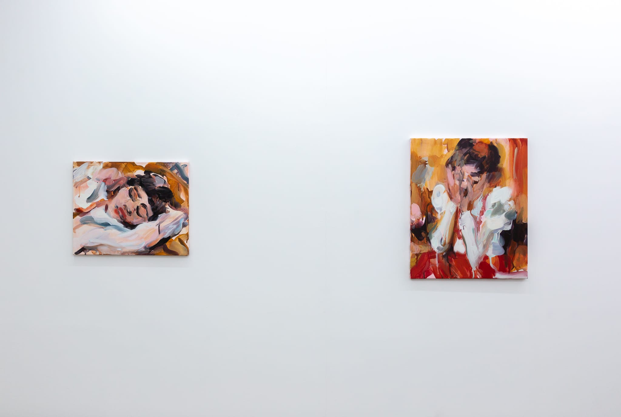 Installation shots of Laura Lancaster's solo show at Workplace London. Close up crop paintings of sleeping women and figures in landscapes, loosely painted.