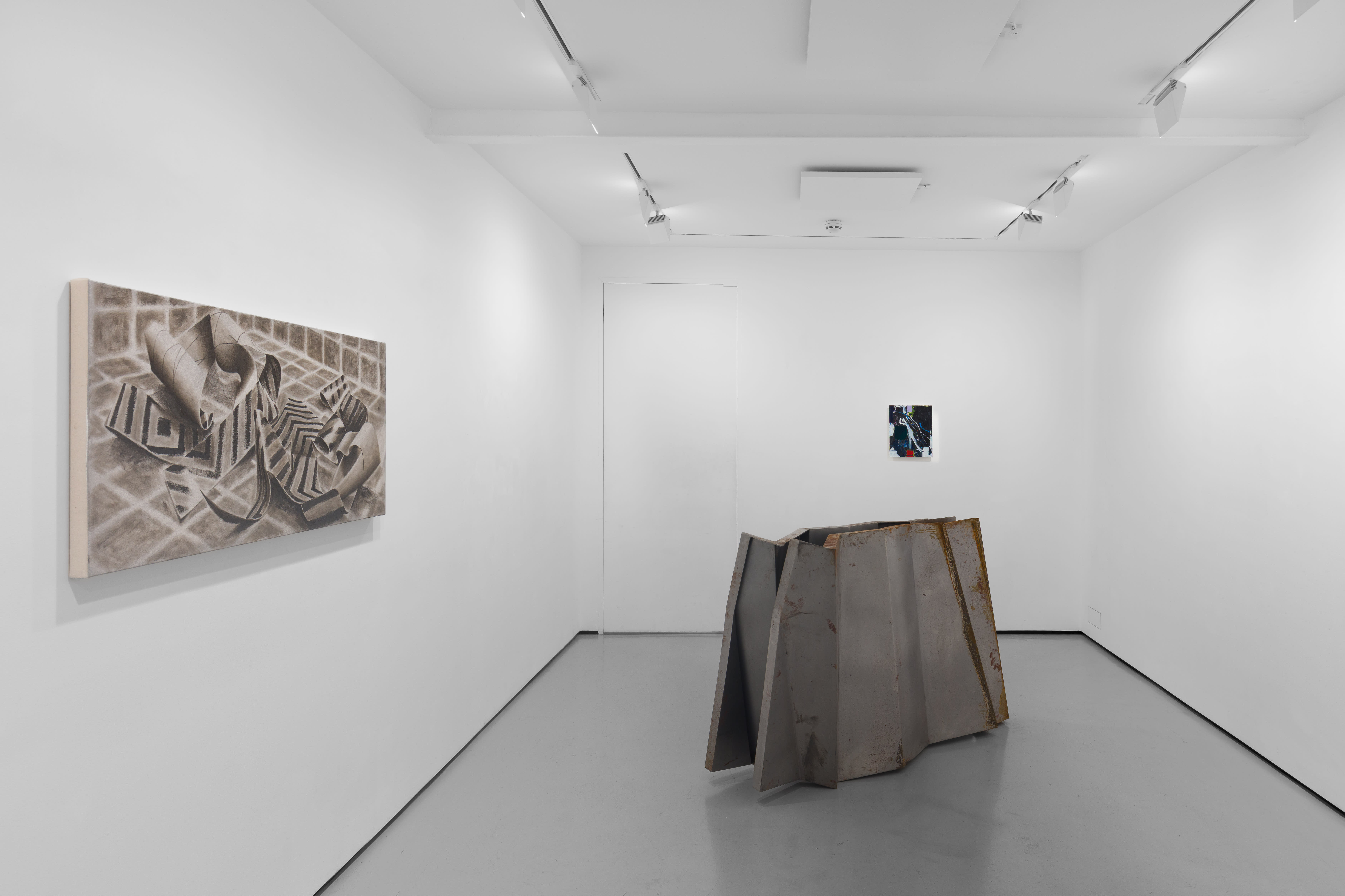 Installation view of the group exhibition Cold Feed at Workplace London including paintings and floor based sculpture