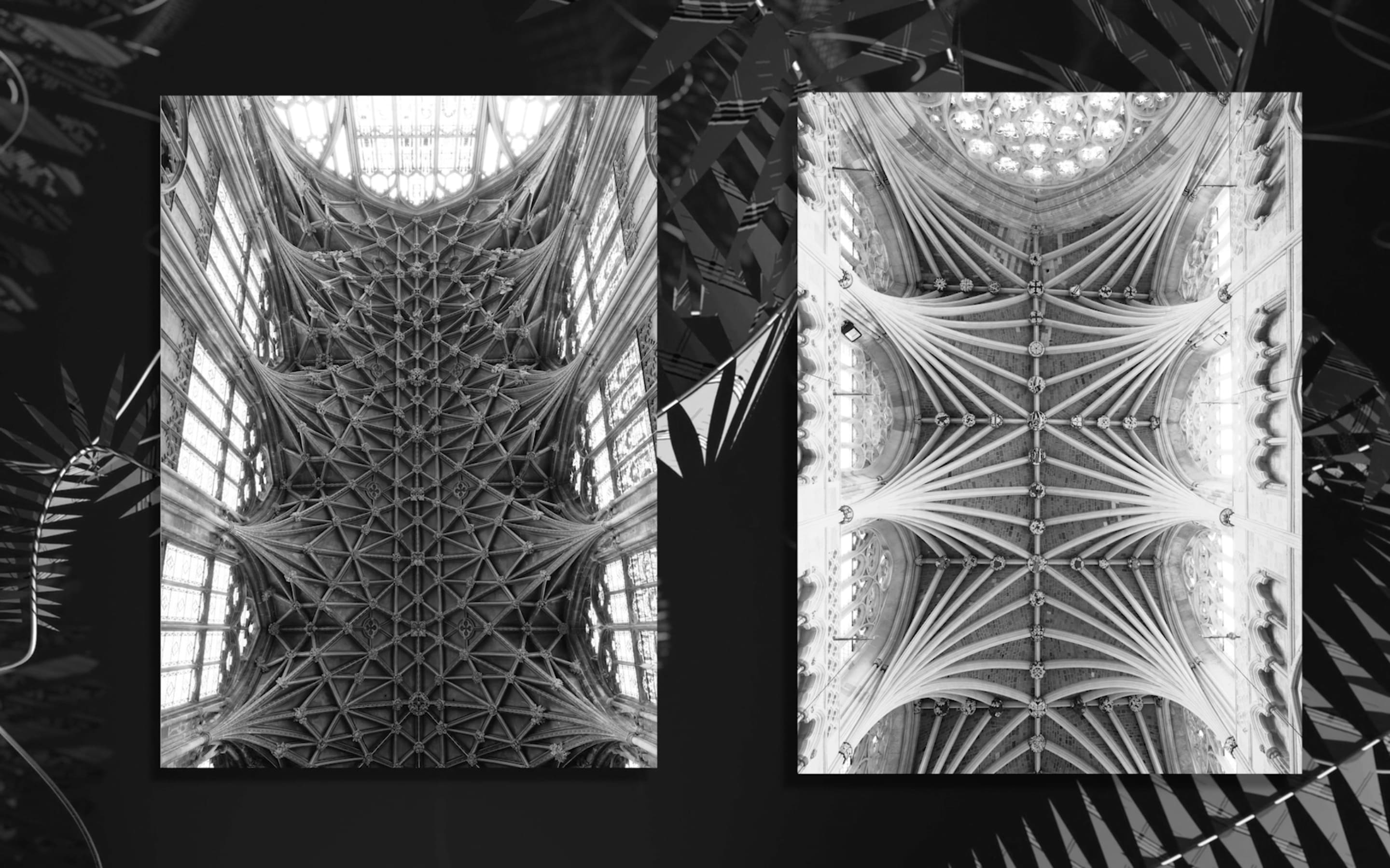 Two gothic vaulted ceilings side by side and connected by digital renderings. A film still from 'A Gothic Choir Part 1 - The Total Work' (2020) by Elizabeth Price