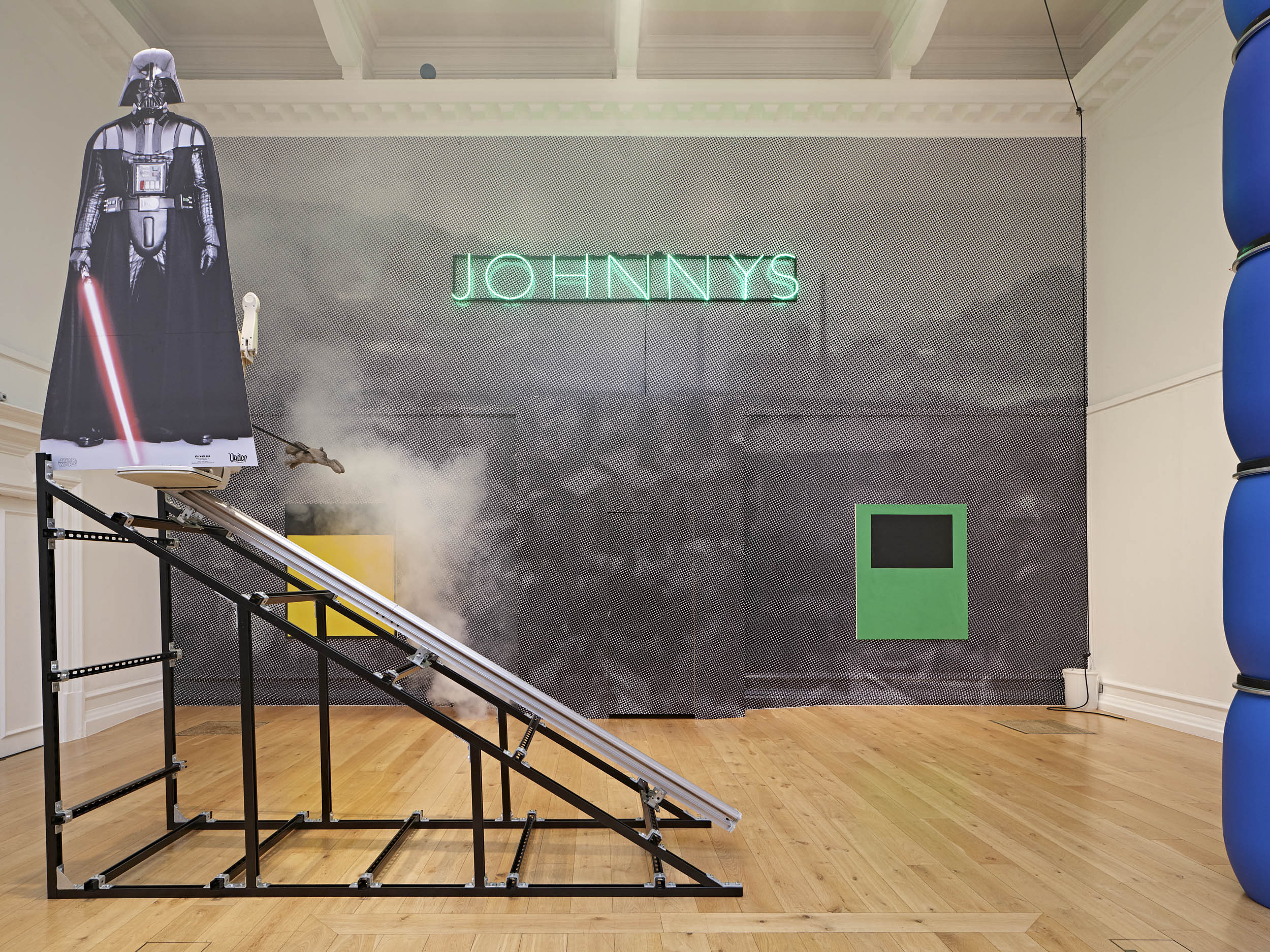 Installation views of Simeon Barclay's solo exhibition 'In the Name of the Father' at South London Gallery in September 2022