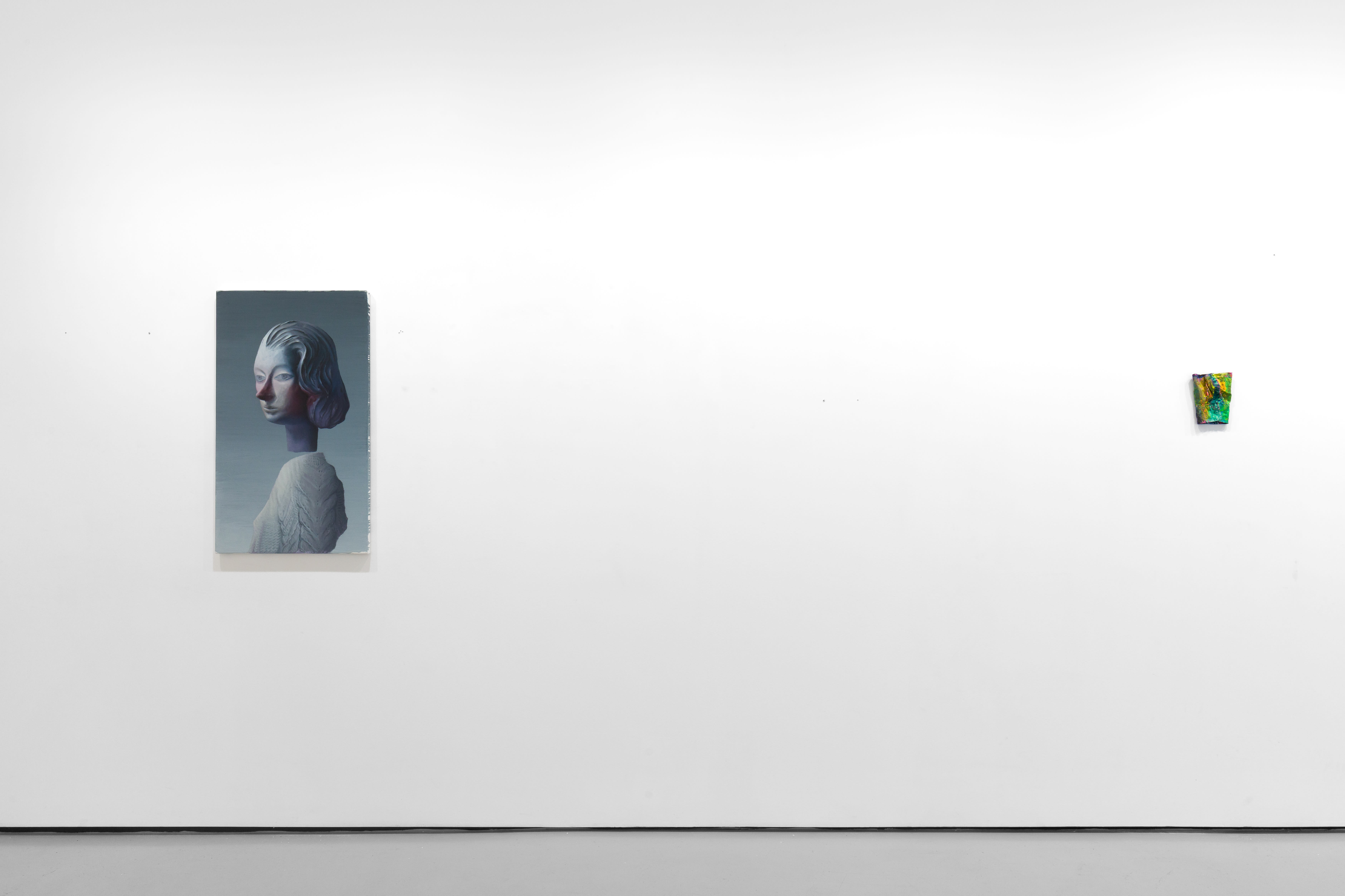 Installation view of the group exhibition Cold Feed at Workplace London including paintings and floor based sculpture