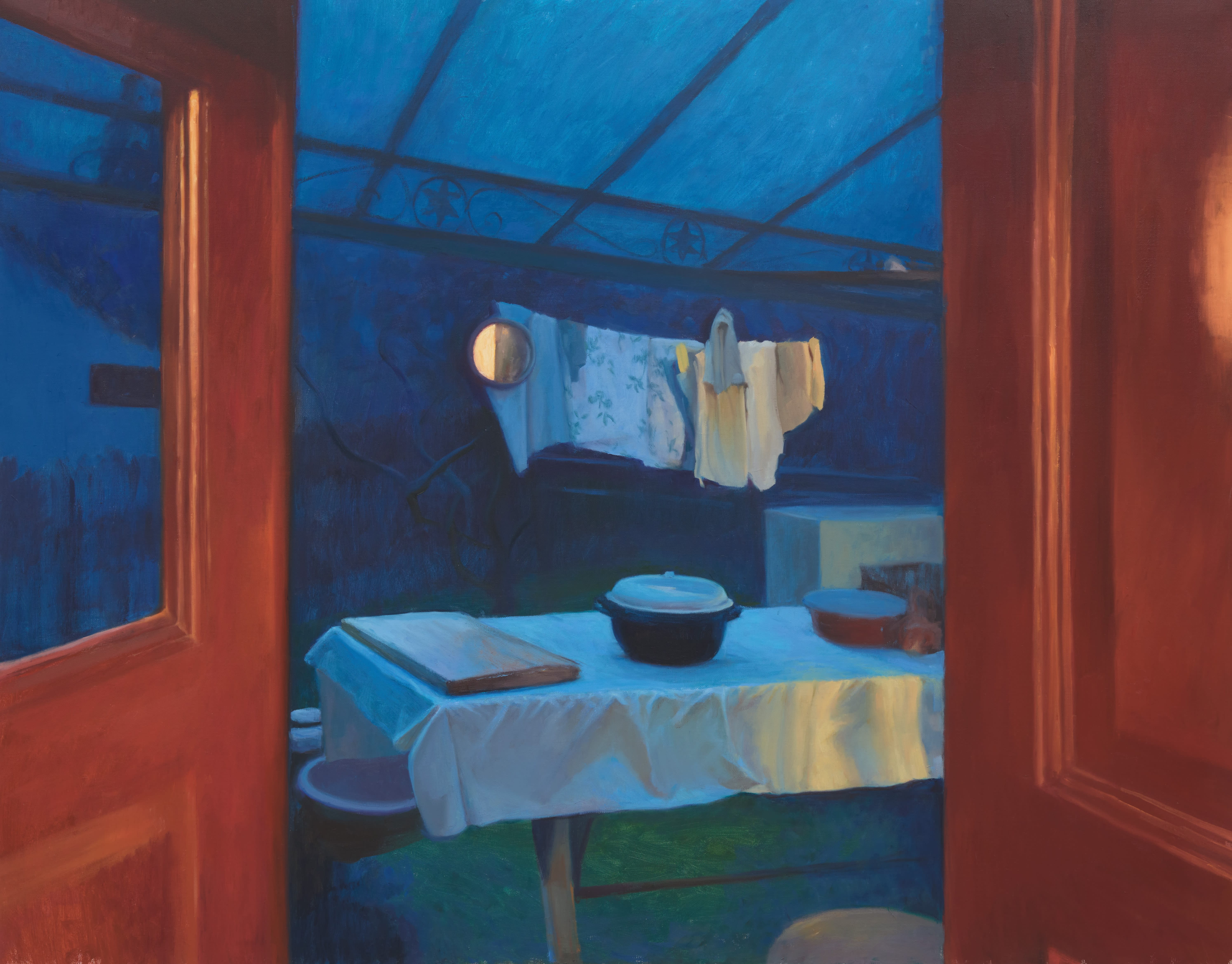 A detail of Cristian Avram's oil painting Witching hour, 2022. The painting depicts a moonlit gazebo with a table and a washing line and mirrors, framed by warm brown wooden door frames left open