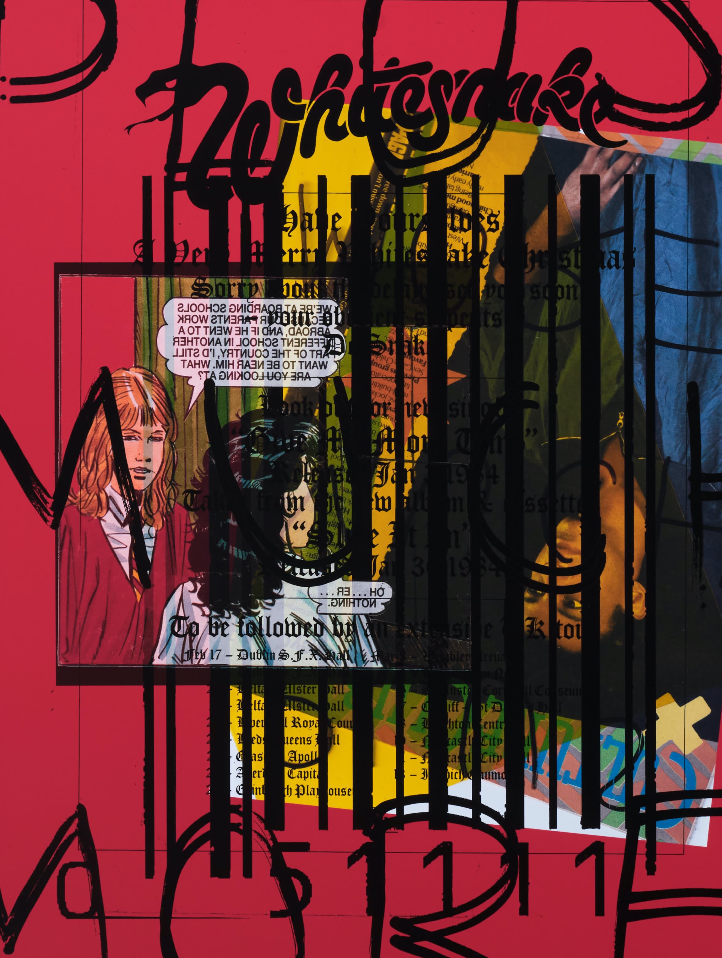 a detail image of 'Chips on My Shoulders' a brightly coloured collage by Simeon Barclay. Comic strips, pop culture imagery and bar codes are overlaid to create a colourful montage.  