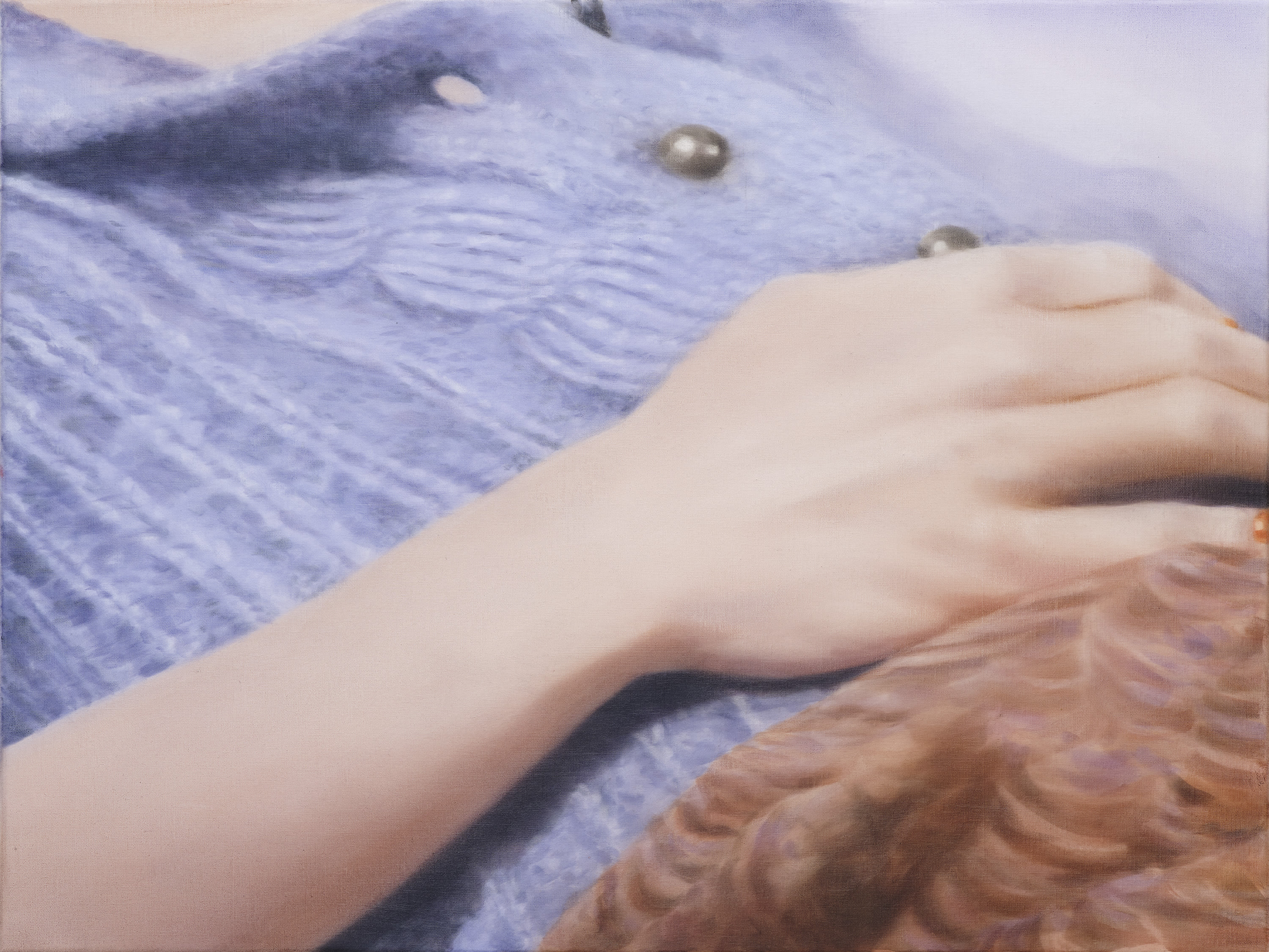 A detail of a painting by Rachel Lancaster of a blue knitted jumper with a hand draped over it