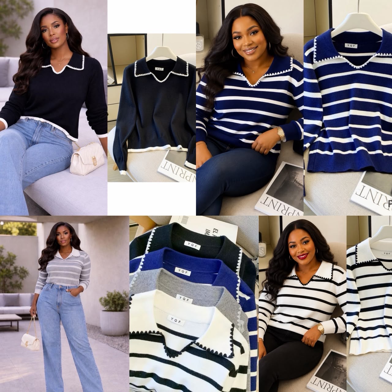 Long sleeve Knitted Striped Collar-neck Top