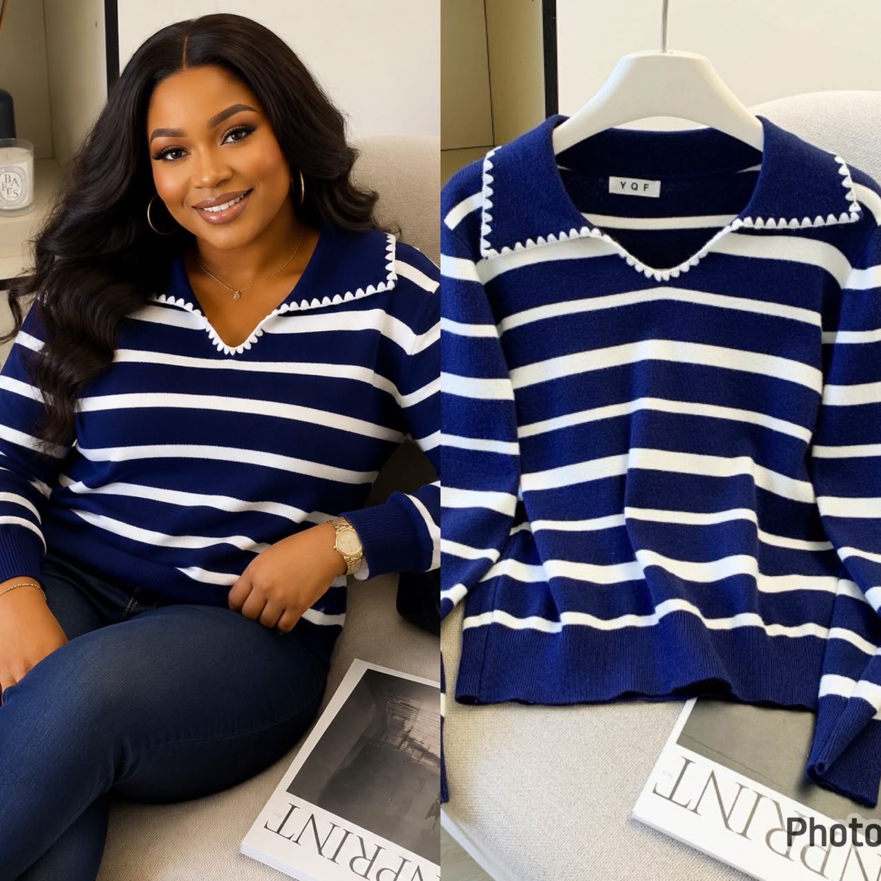 Long sleeve Knitted Striped Collar-neck Top