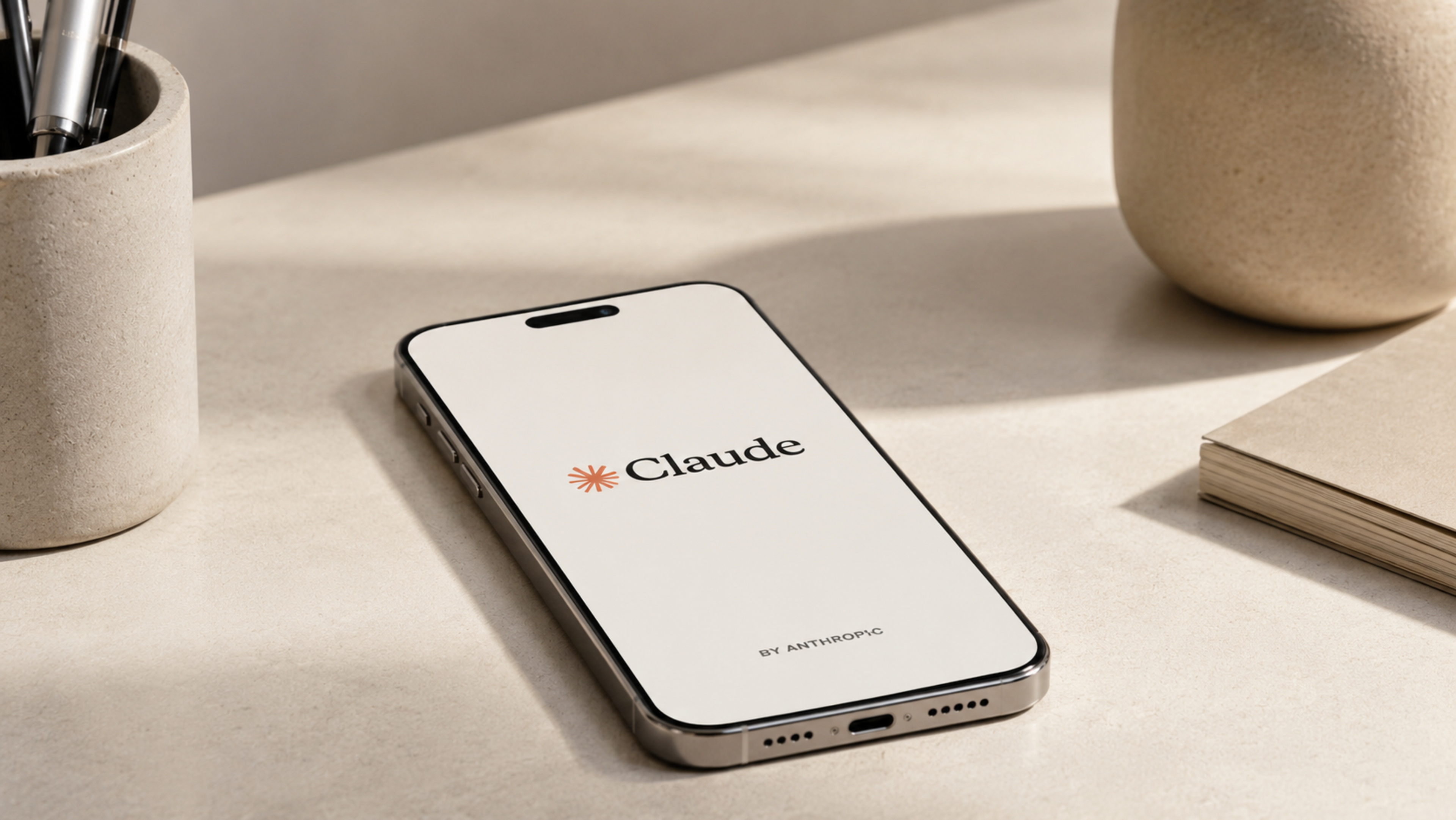A smart phone on a desk with Anthropic's Claude logo on the screen