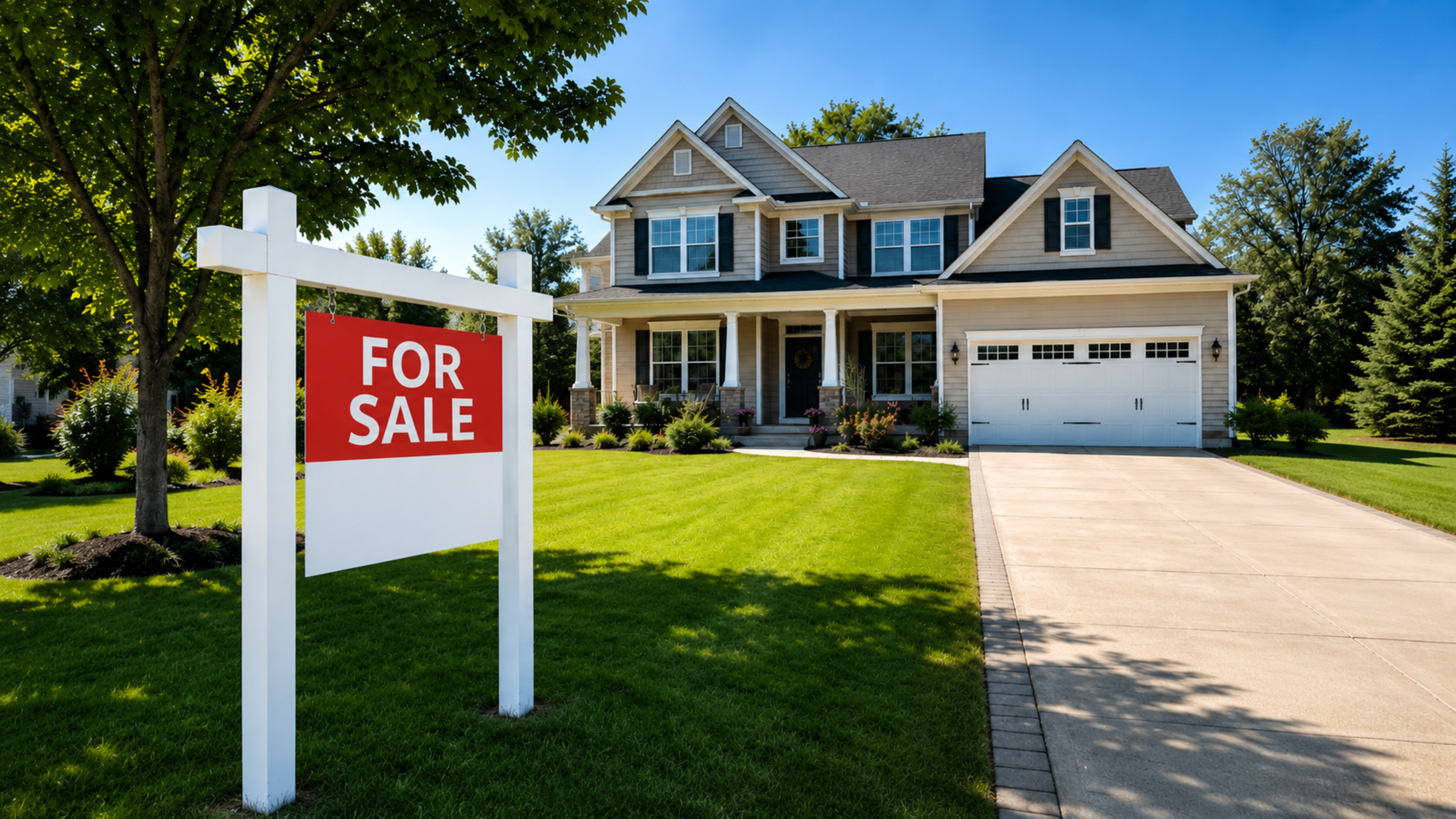 A house front yard with a for sale sign