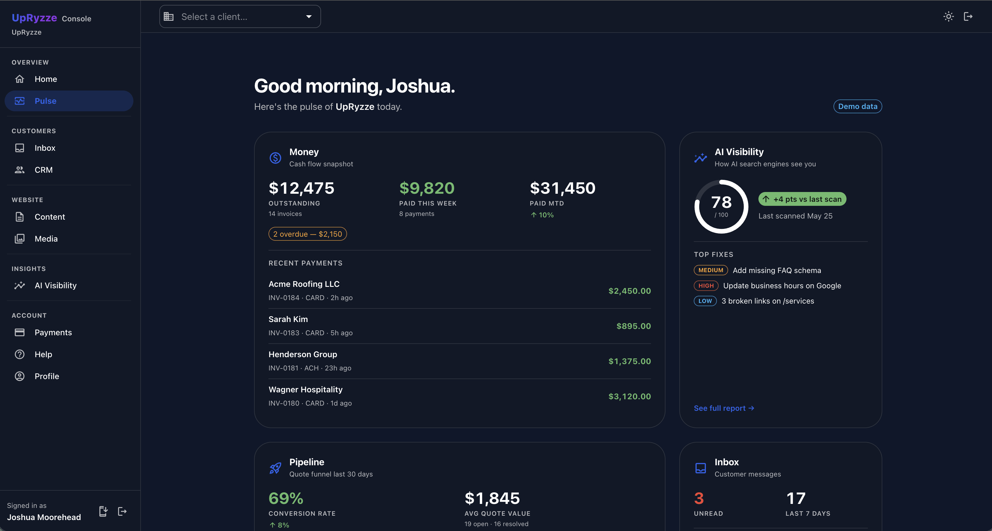 UpRyzze Console showing the Pulse dashboard for an example customer