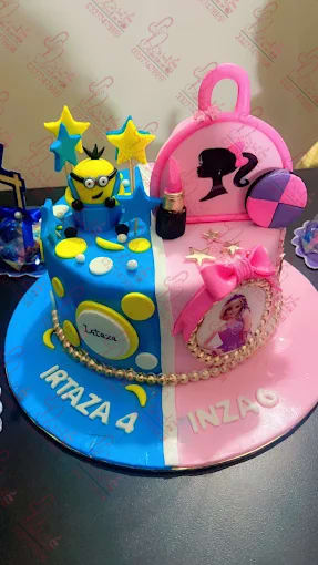Half Minion Half Barbie Twins Birthday Cake Faisalabad