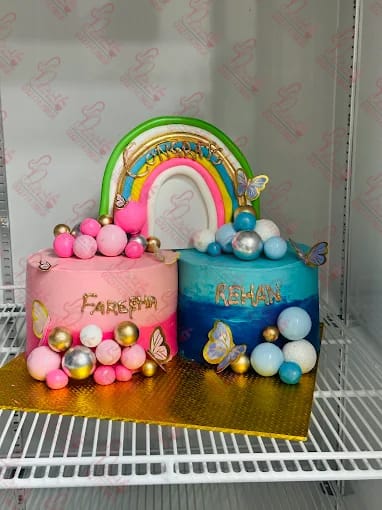 Two Tier Rainbow Twins Birthday Cake Faisalabad