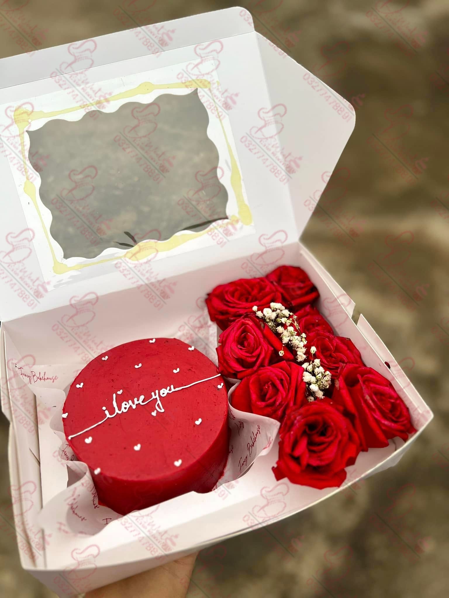 Red Gift Box with Roses Birthday Cake for Girlfriend Rawalpindi