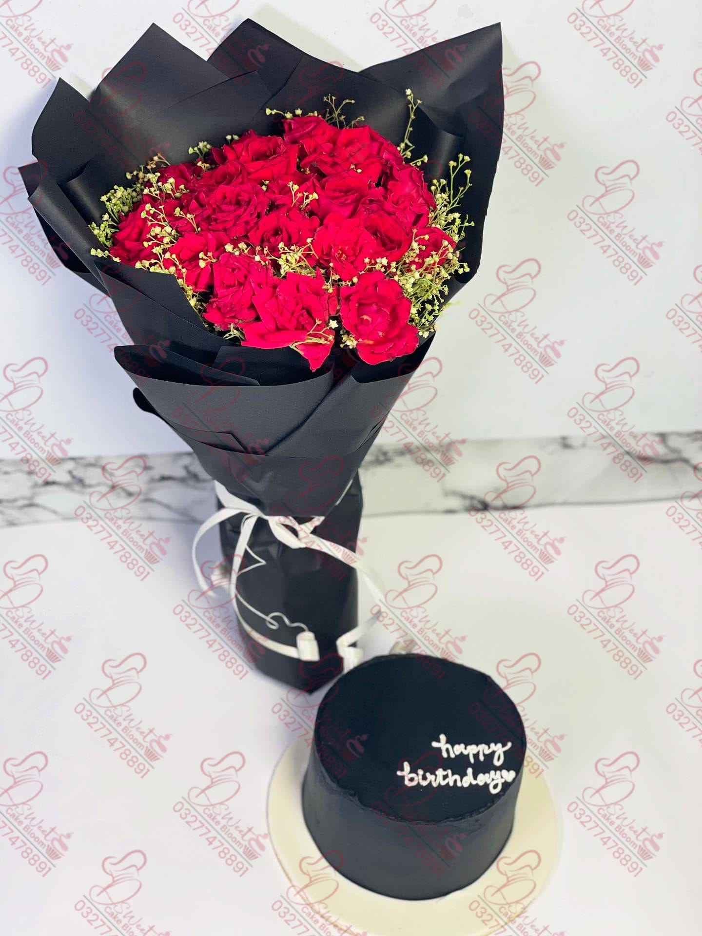 Black Birthday Cake with Rose Bouquet Rawalpindi