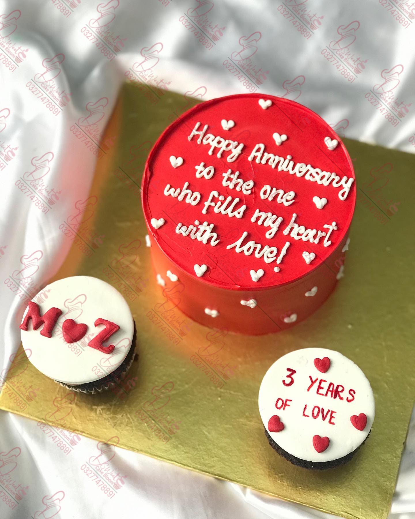 Anniversary Cake with Two Cupcakes Custom Designer Cake Rawalpindi