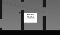 Grayscale Flappy Bird clone at game over: score, pipes, bird trail, and modal with bot-mode instructions