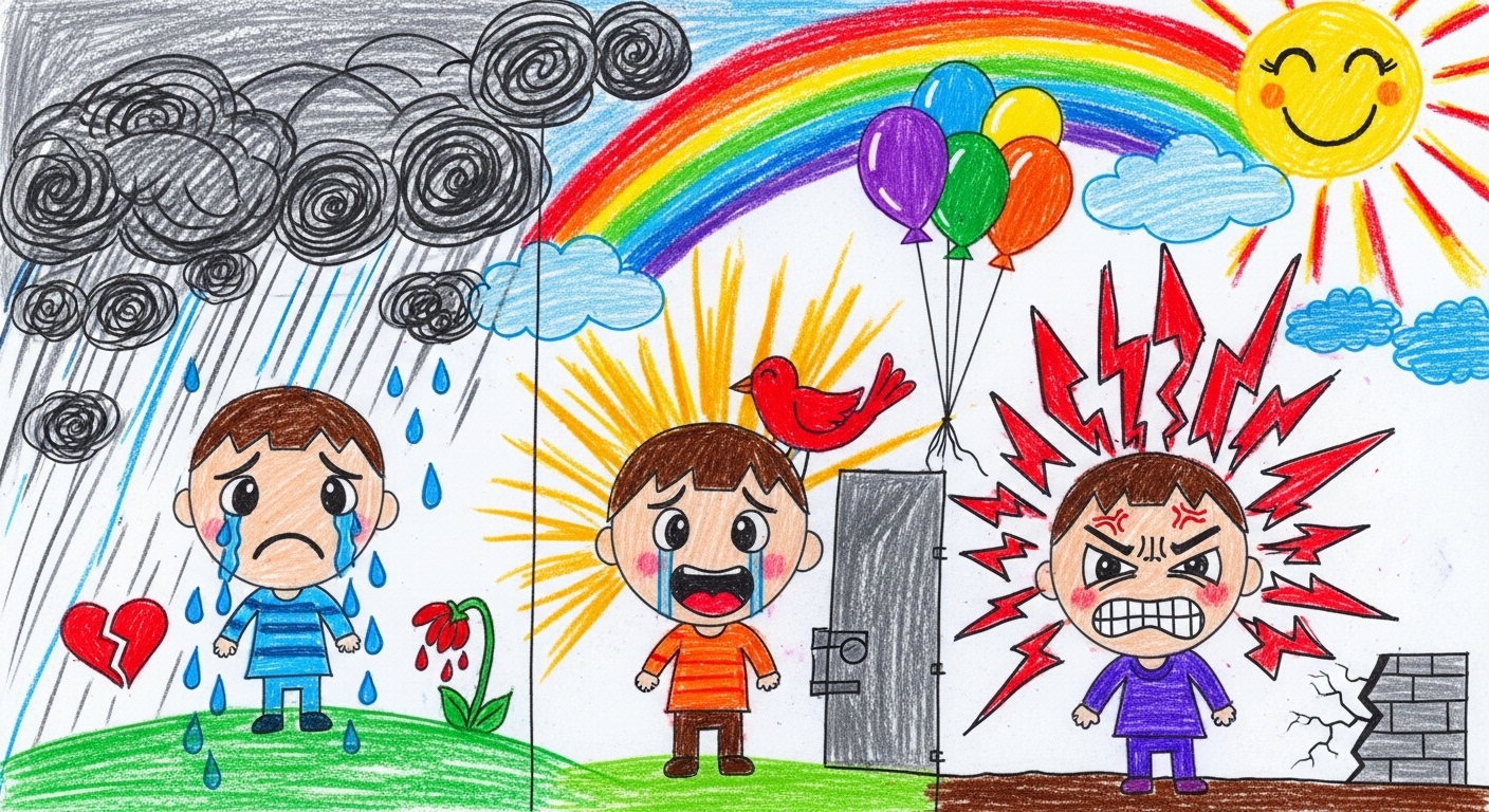 Child drawing emotional storytelling art prompt with crayons expressing feelings and emotions through illustration